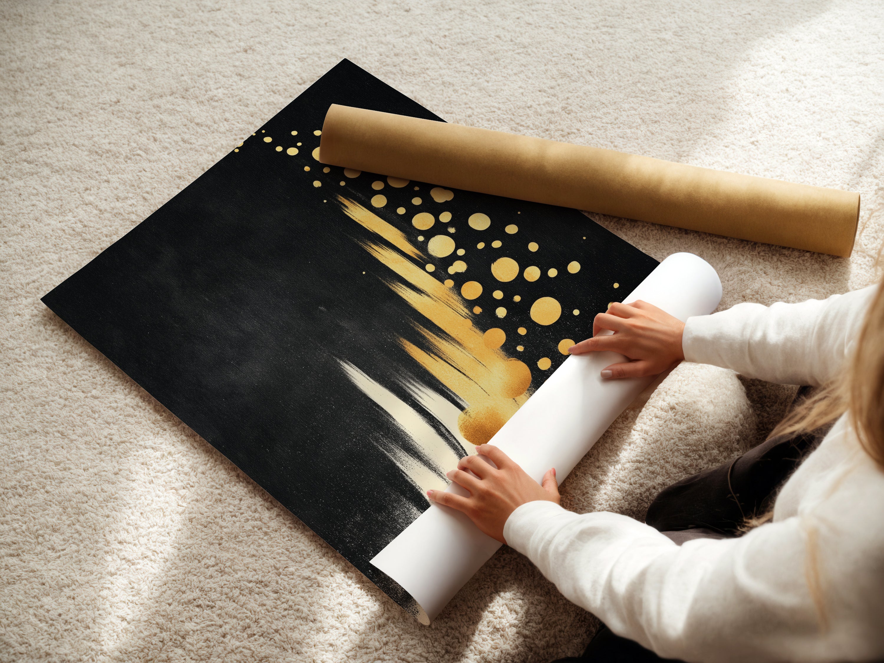 A woman rolls fine art poster paper. The paper is ready for printing black and gold artwork. High-quality materials ensure a stunning final product. Perfect for creating modern canvas art and sparkle wall art for home decor projects.