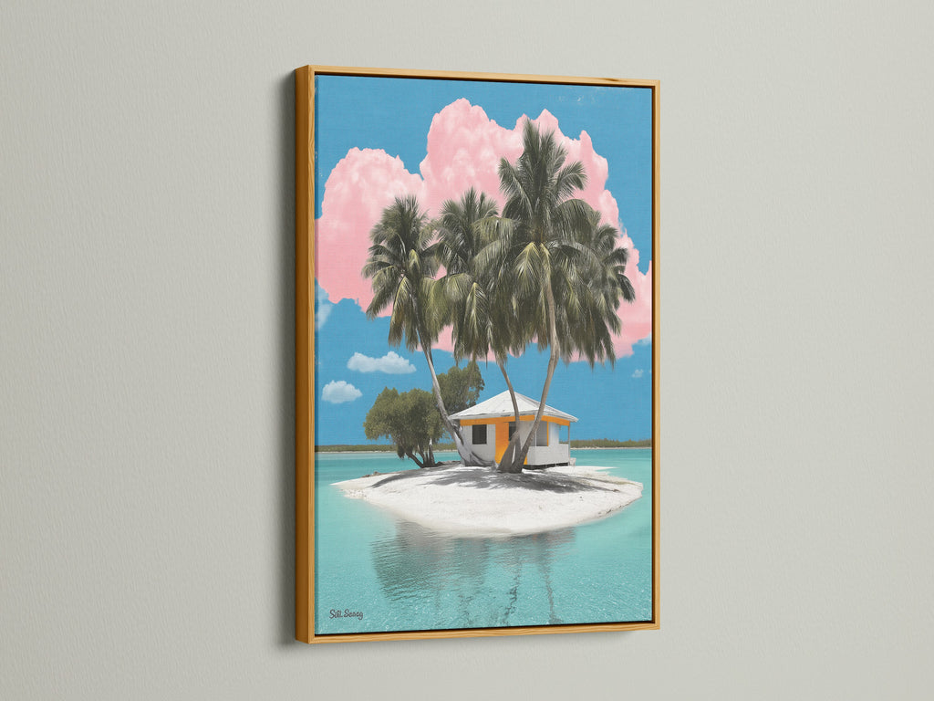 Our tropical island artwork is radiant in a gold frame. The gold frame adds a touch of luxury. It complements the turquoise waters and pink clouds. This artwork creates a stunning visual impact. It is perfect for adding a tropical elegance to your decor.