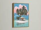 Our tropical island artwork is radiant in a gold frame. The gold frame adds a touch of luxury. It complements the turquoise waters and pink clouds. This artwork creates a stunning visual impact. It is perfect for adding a tropical elegance to your decor.