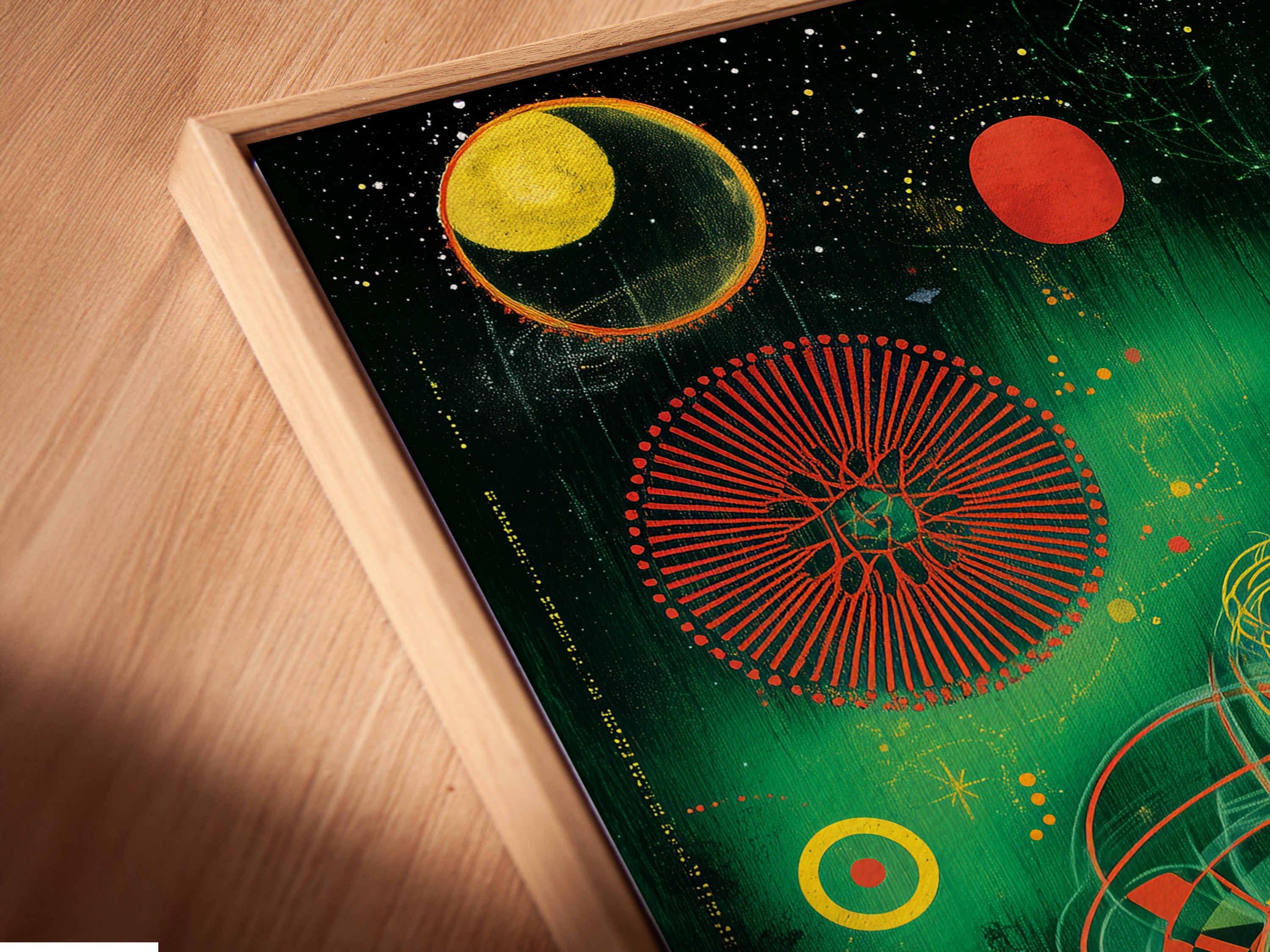 A close-up angle of canvas print in floating frame. The floating frame enhances the cosmic geometric design. The yellow supercar poster looks modern. This automotive artwork is a great addition to any space. See the details of racing car art.