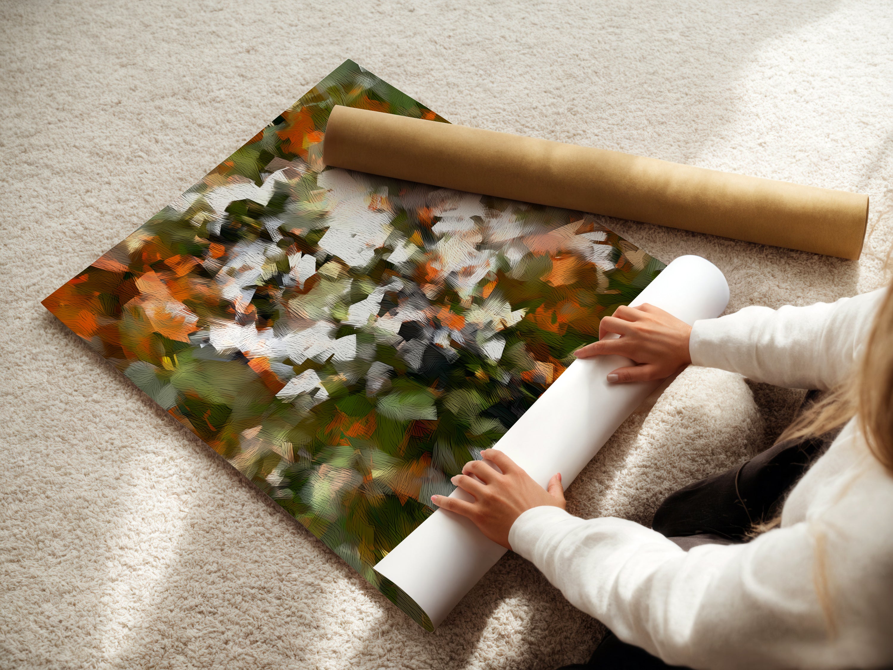 A woman carefully rolls a fine art poster paper. This paper is perfect for high-quality art prints. The poster paper ensures vibrant colors and sharp details. Ideal for creating stunning floral artwork. Order your fine art poster paper today. Create your own masterpiece.