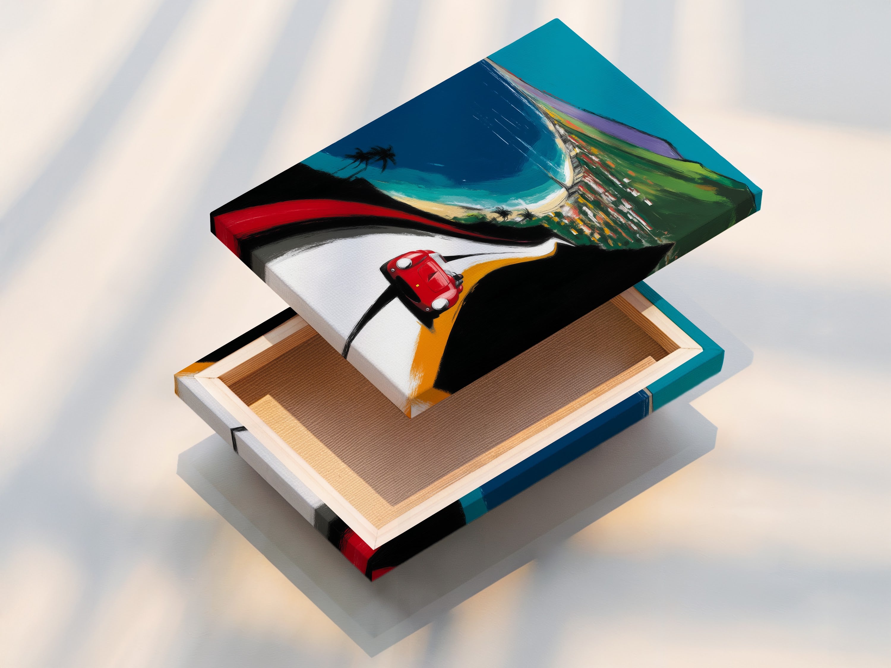 A stretched canvas print of the Coastal Road Trip artwork. The vintage car and coastal scene bring a retro travel vibe to any room. Perfect for those who love scenic drive art. The canvas enhances the artwork’s visual appeal.