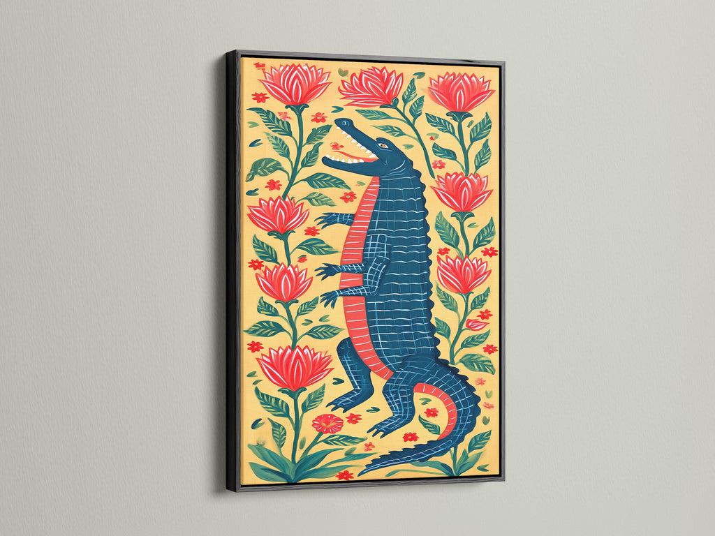 A framed alligator artwork with a sleek black frame. The artwork features a standing alligator among red flowers and greenery. This art adds a touch of sophistication to any room. A perfect blend of nature and art.