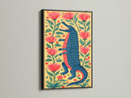 A framed alligator artwork with a sleek black frame. The artwork features a standing alligator among red flowers and greenery. This art adds a touch of sophistication to any room. A perfect blend of nature and art.