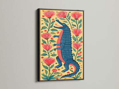 A framed alligator artwork with a sleek black frame. The artwork features a standing alligator among red flowers and greenery. This art adds a touch of sophistication to any room. A perfect blend of nature and art.
