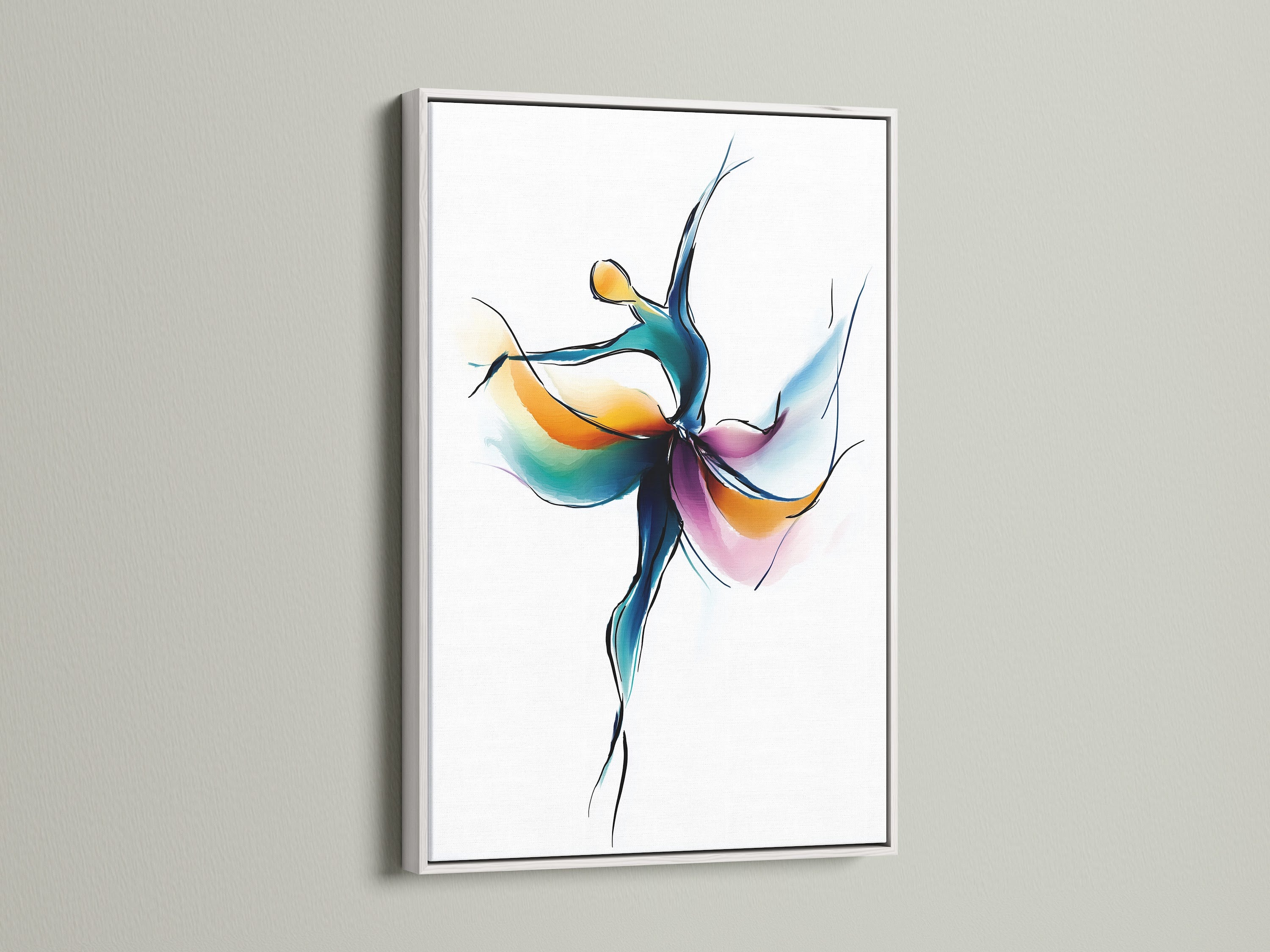 The Abstract Dancer art is in a white frame. It brings a fresh contemporary look. The artwork showcases a dancer in fluid motion with vibrant colors. It is suitable for minimalist artistic styles.
