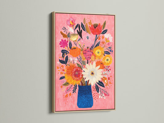 A beautiful floral art piece is framed in oak. The light wood complements the artwork. The frame enhances the overall aesthetic. Oak frames add a touch of natural warmth. They are perfect for any home or office. Bring nature indoors with framed floral art.