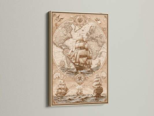 Artwork of vintage ship and world map displayed in an oak frame. The oak frame adds a touch of warmth and sophistication to the artwork. Perfect for adding a nautical touch to any room. Our framed art prints are ready to hang and enjoy. Shop now for fast shipping