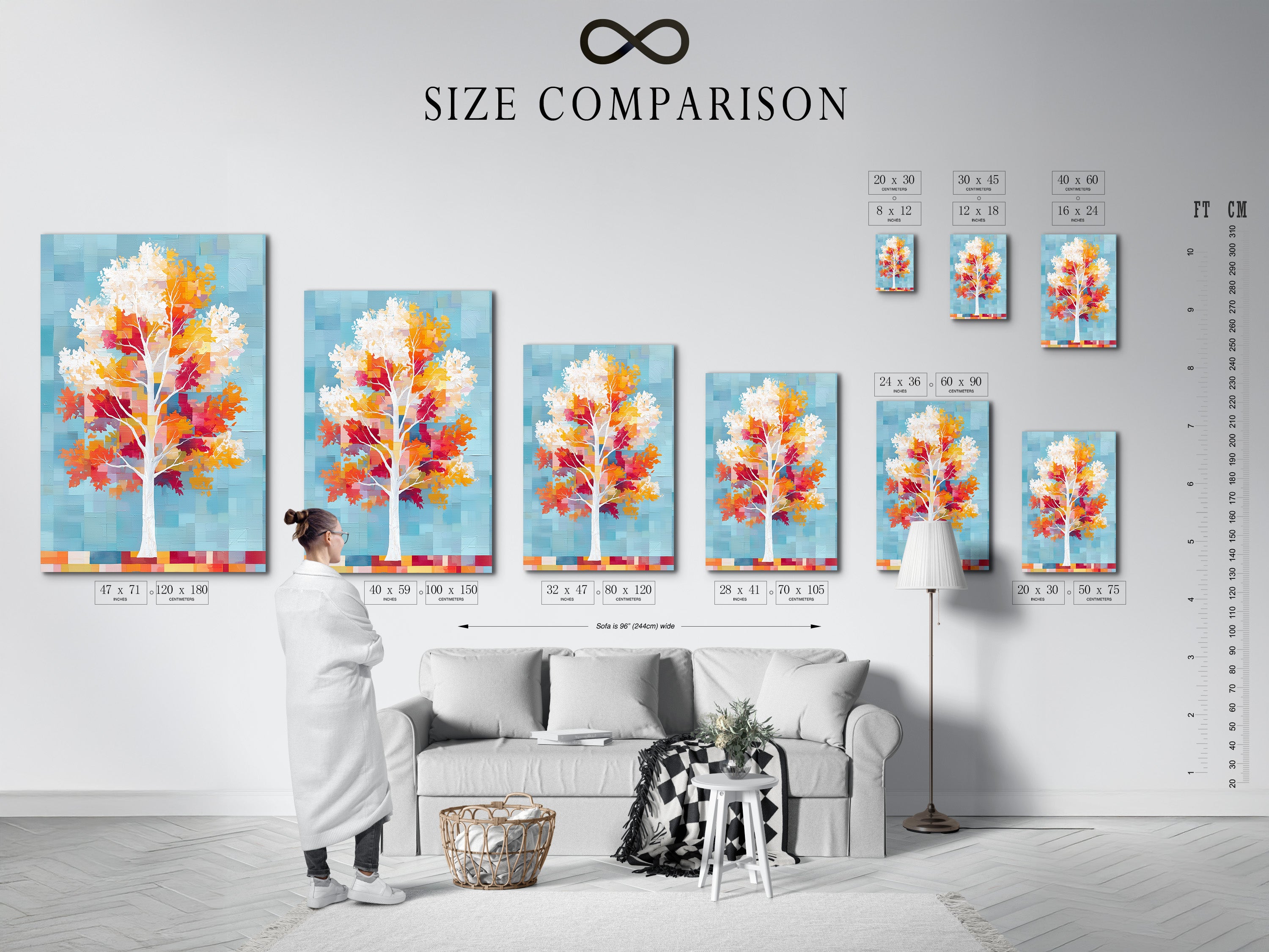 A size comparison chart in an interior setting. Helps visualize the art print dimensions. See how the colorful tree art fits in your space. The autumn leaves canvas wall art is perfect for any room. Envision the pixelated nature artwork in your home.