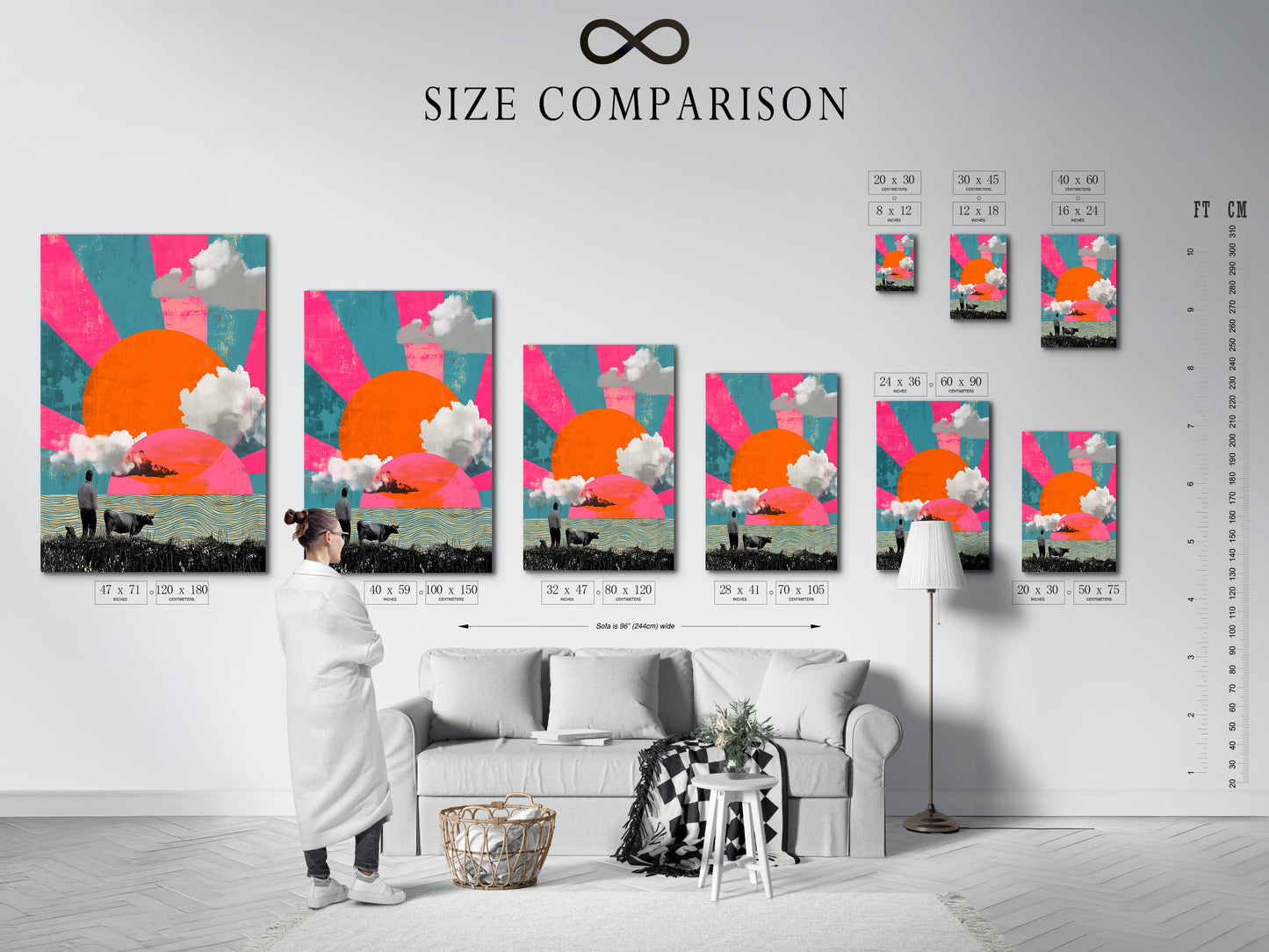 The size comparison chart is displayed in an interior setting. It showcases various dimensions for surreal landscape canvas prints. Use this guide to select the perfect size for your space when decorating your home or office.