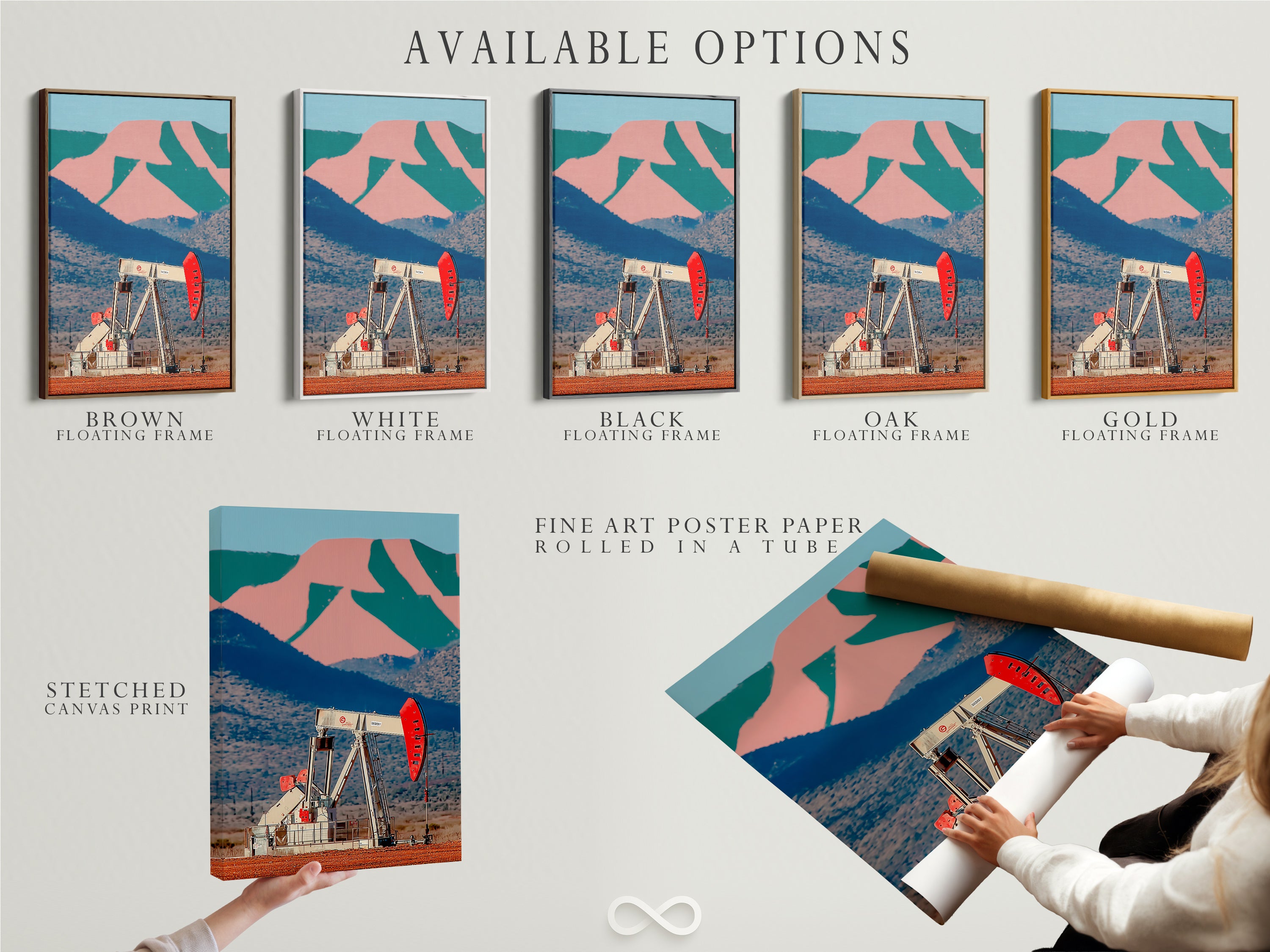 Available options for desert oil pump artwork. Choose from a stretched canvas print fine art poster paper or a floating frame. The industrial landscape features a retro pop art style. Ideal for office wall decor or vintage Americana art.