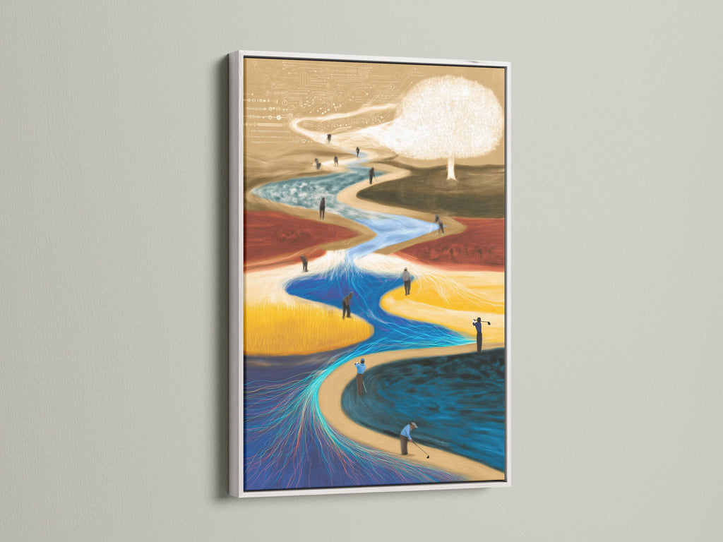 Abstract canvas print displayed in a white frame. The surreal landscape artwork brings a contemporary feel to any room. This flowing art print is ideal for modern wall decor. Notice the dreamscape elements.