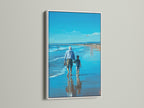 An artwork with a white frame is mounted on a wall. The art shows a man and child walking on the beach. The white frame provides a clean modern look. It enhances the artwork's visual appeal. The artwork brings a sense of peace and tranquility to the room.
