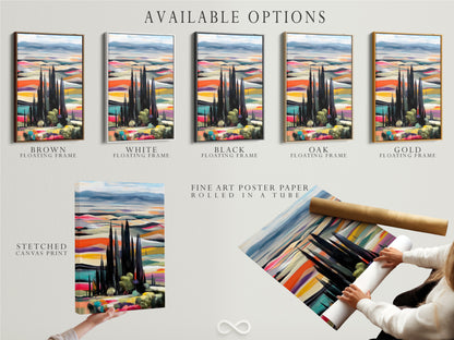 Explore the available options for the Tuscan Landscape artwork. Choose from a stretched canvas print fine art poster paper or a floating frame. Each option enhances the cypress tree art and colorful scenery. Find the perfect fit for your home wall art needs. Transform your space today.