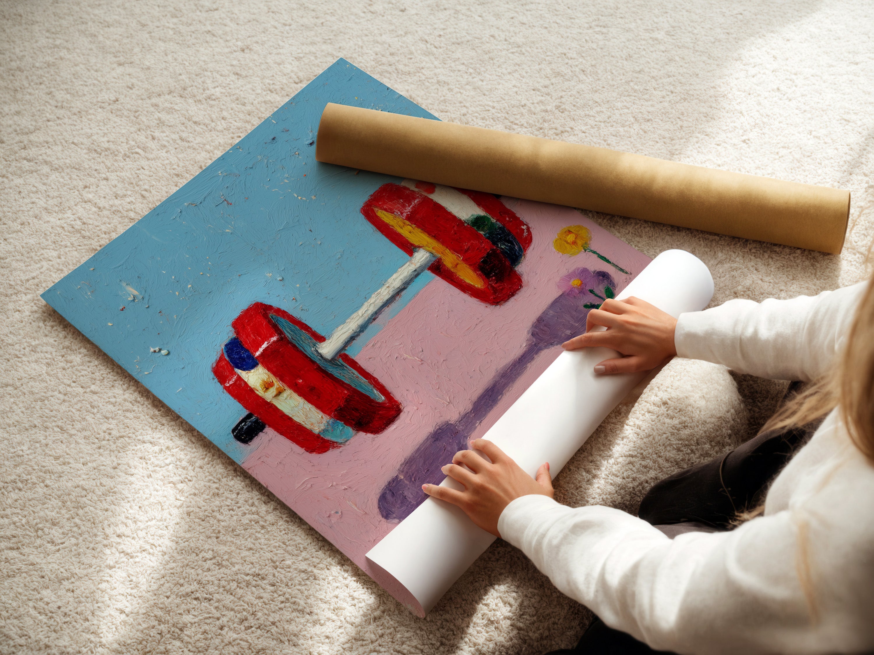 A woman carefully rolls a fine art poster paper print. This fitness art print is ready to be framed. The colorful dumbbell artwork is perfect for gym wall decor. Add motivation to your home gym or fitness studio with this abstract workout art. Available in various sizes.