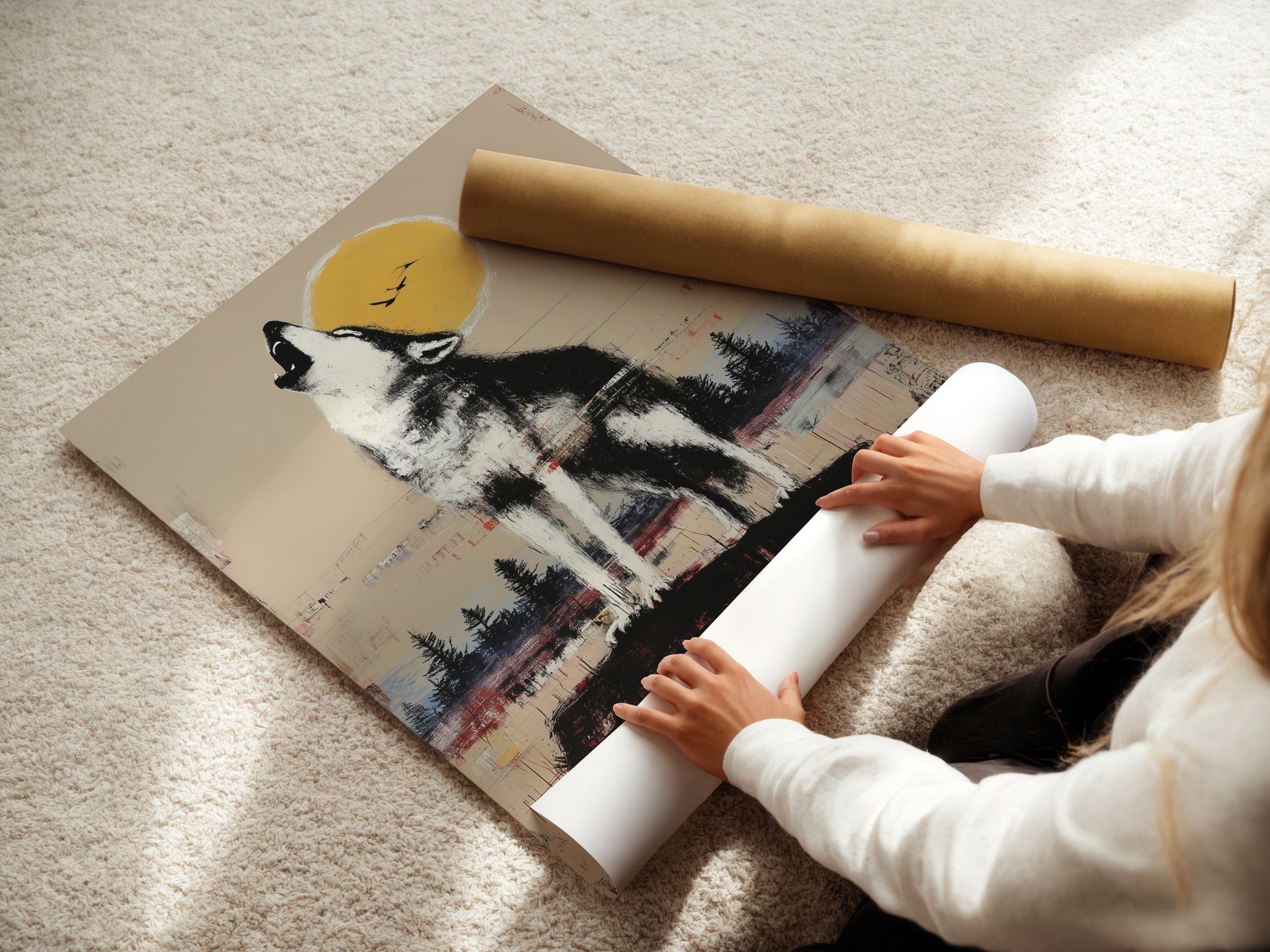 A woman is carefully rolling a fine art poster paper. The paper features a rustic wildlife artwork. It shows a howling wolf under the moon. Get your own high-quality fine art poster. Perfect for cabin decor or nature-themed rooms.