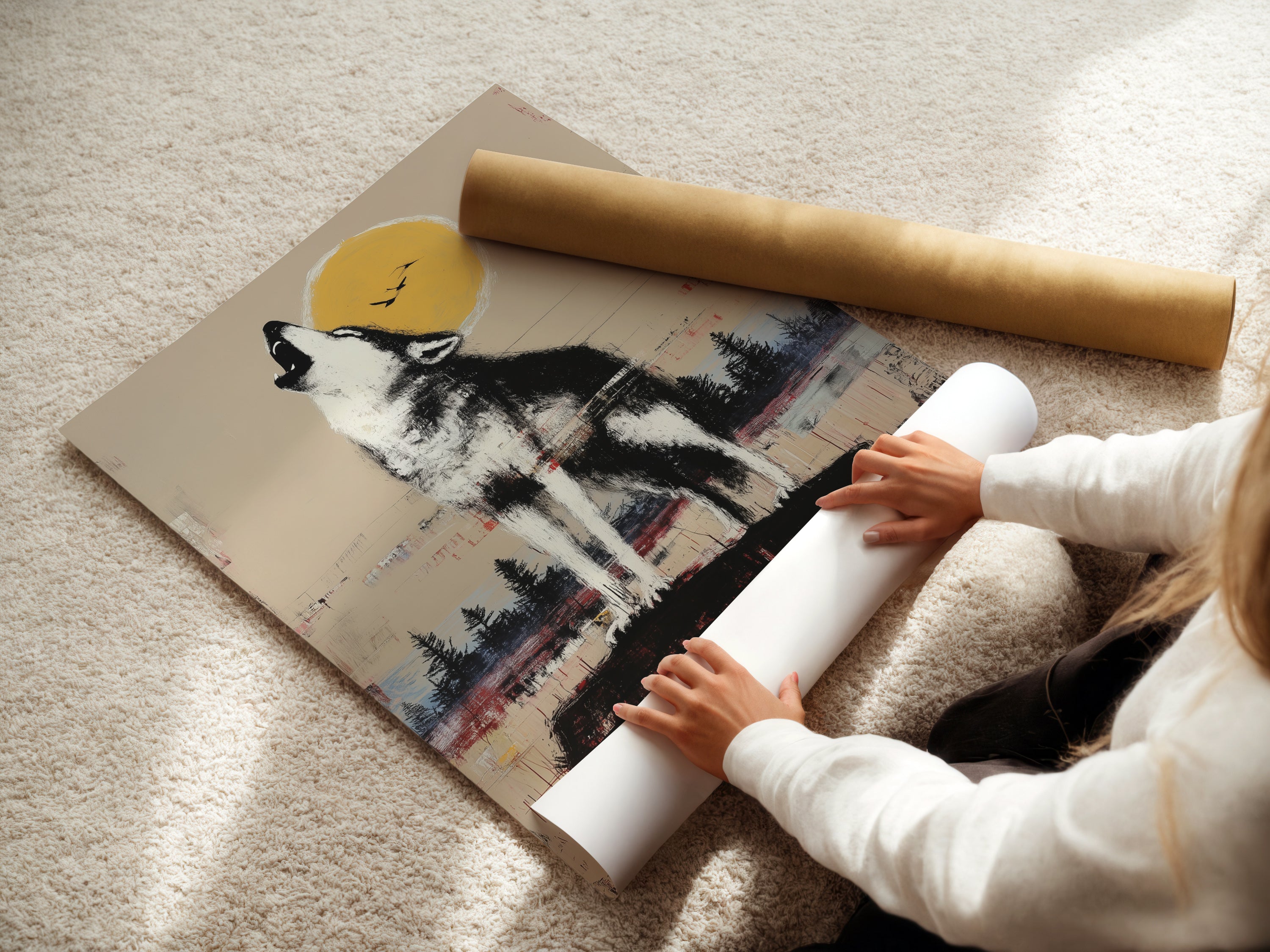A woman is carefully rolling a fine art poster paper. The paper features a rustic wildlife artwork. It shows a howling wolf under the moon. Get your own high-quality fine art poster. Perfect for cabin decor or nature-themed rooms.