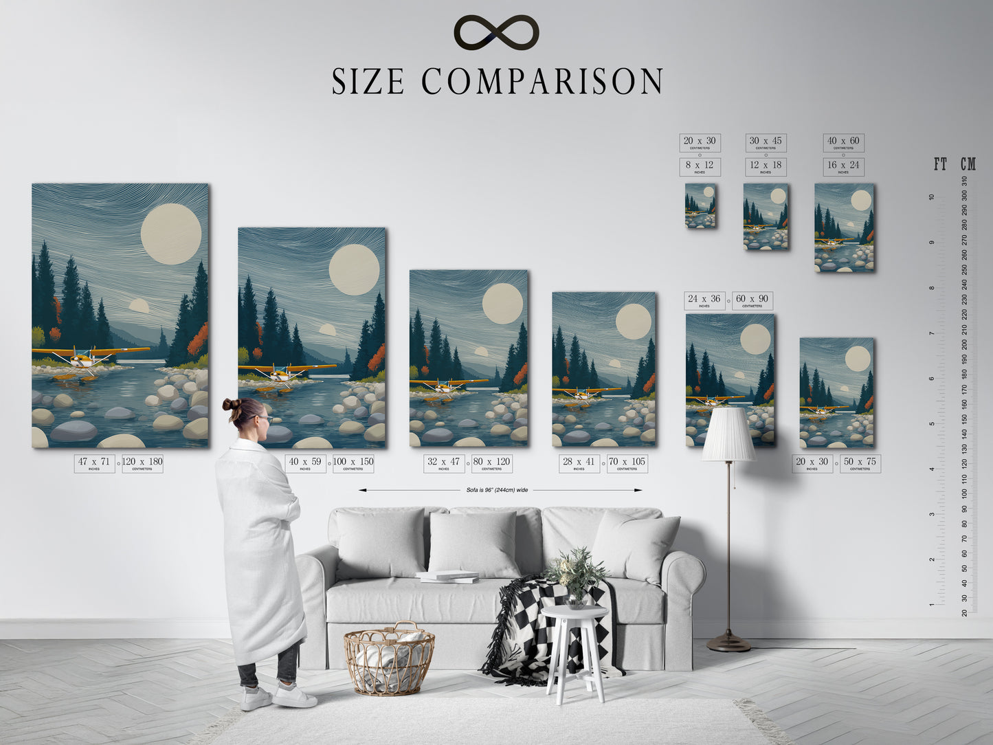 Size comparison chart for seaplane artwork displayed in a modern interior. Lake landscape wall artwork for cabin decor. See how this aviation artwork fits your space. Perfect for planning your home or office decor. Choose the ideal size for your wall.