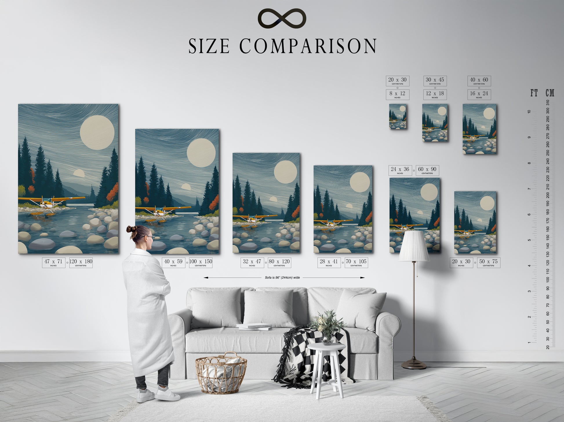 Size comparison chart for seaplane artwork displayed in a modern interior. Lake landscape wall artwork for cabin decor. See how this aviation artwork fits your space. Perfect for planning your home or office decor. Choose the ideal size for your wall.