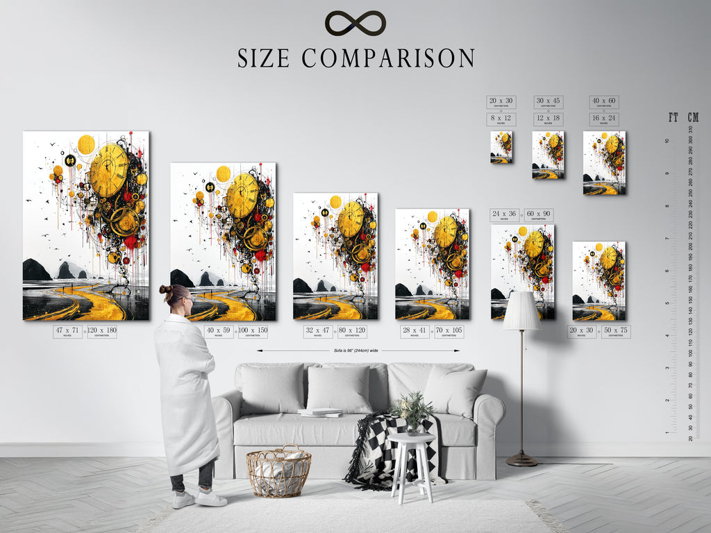 An interior setting shows a size comparison chart. Visualize the impact of surreal time artwork in your space. See how abstract clock art fits above your desk. This chart aids in selecting the right size for your golden landscape poster to fit your interior.