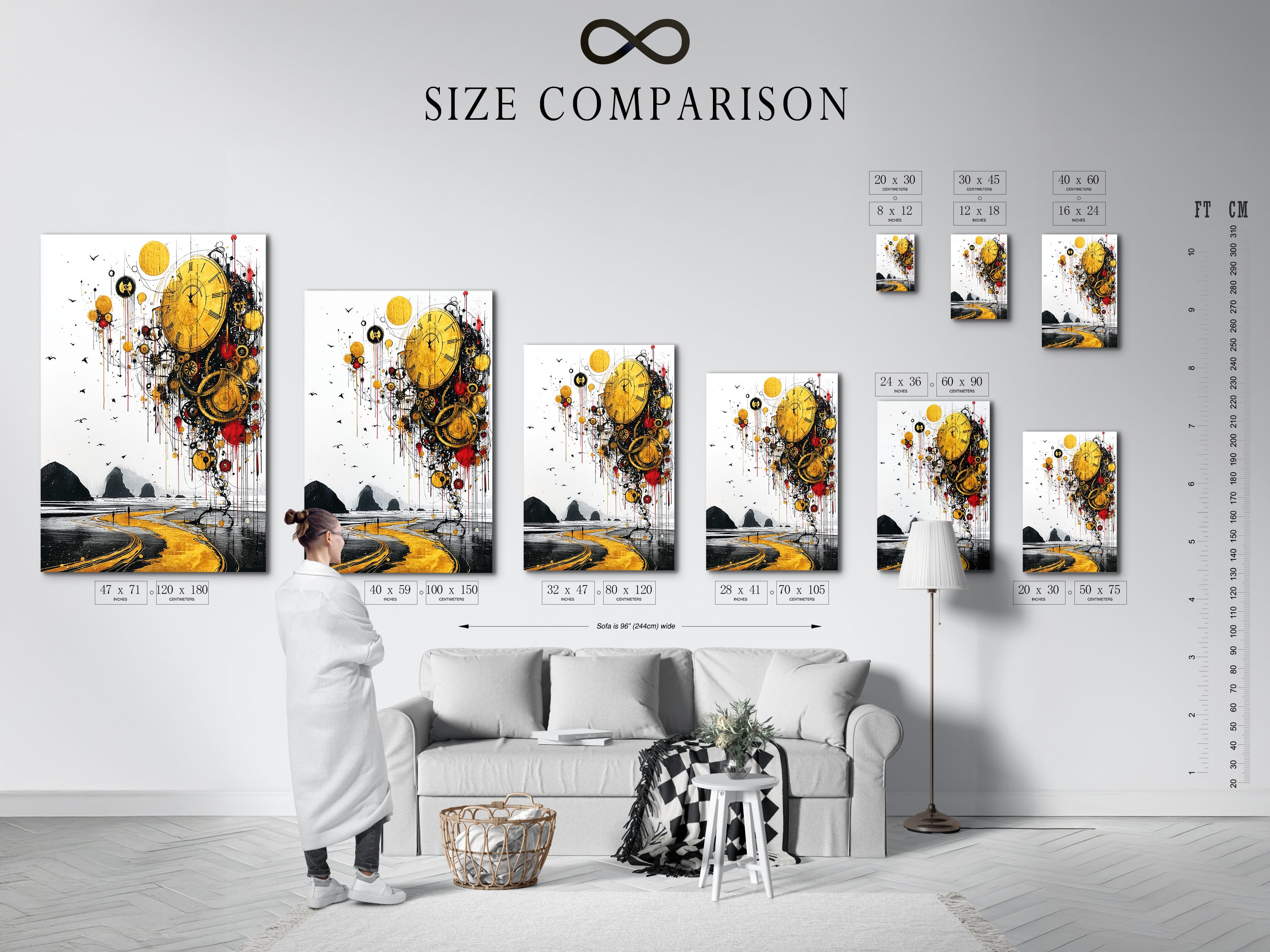 An interior setting shows a size comparison chart. Visualize the impact of surreal time artwork in your space. See how abstract clock art fits above your desk. This chart aids in selecting the right size for your golden landscape poster to fit your interior.