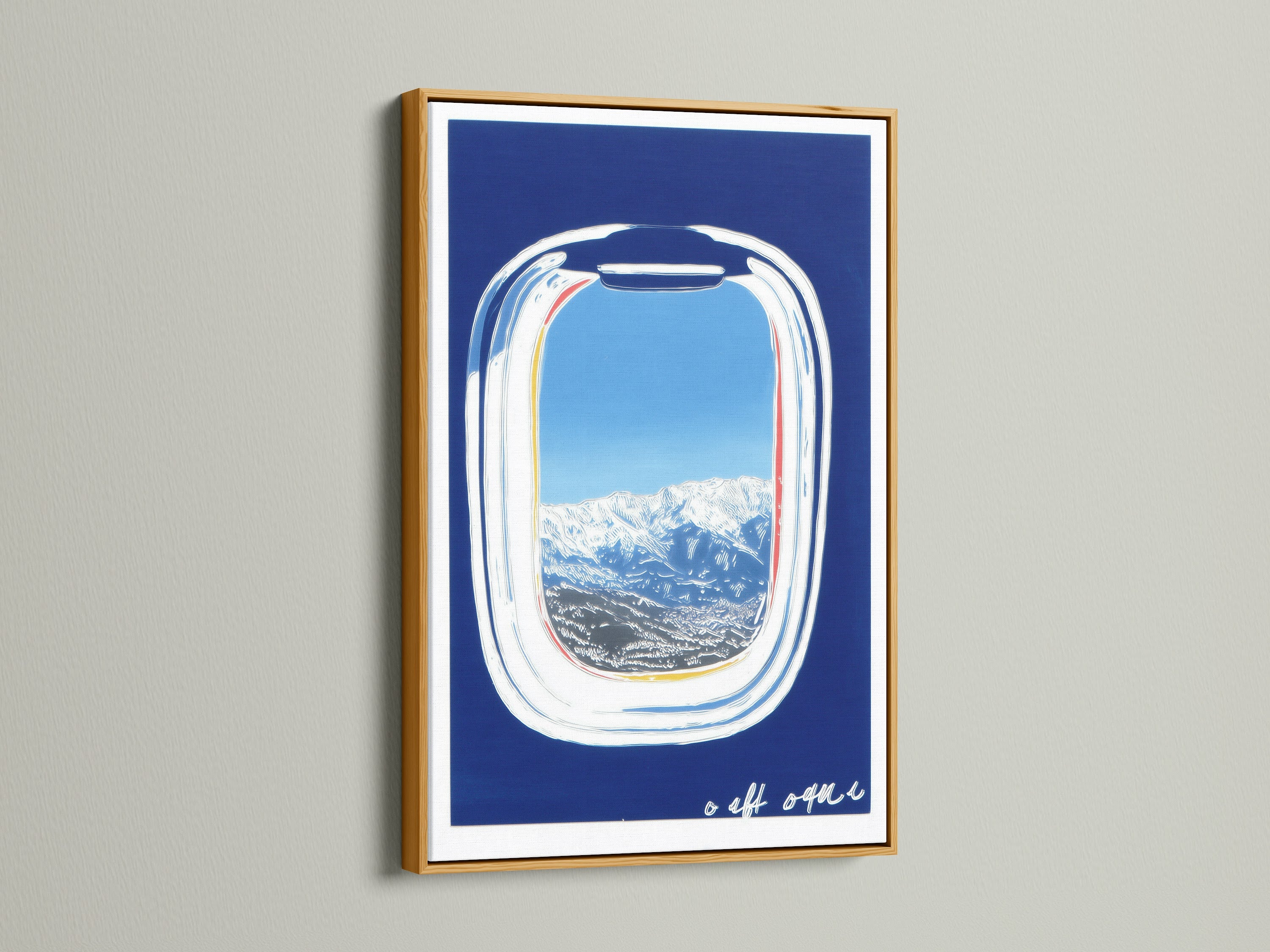 Artwork featuring an airplane window view in a gold frame. The art presents a captivating mountain scene with a blue sky backdrop. Perfect for homeowners seeking modern wall art. Elevate your space with this sky window view.