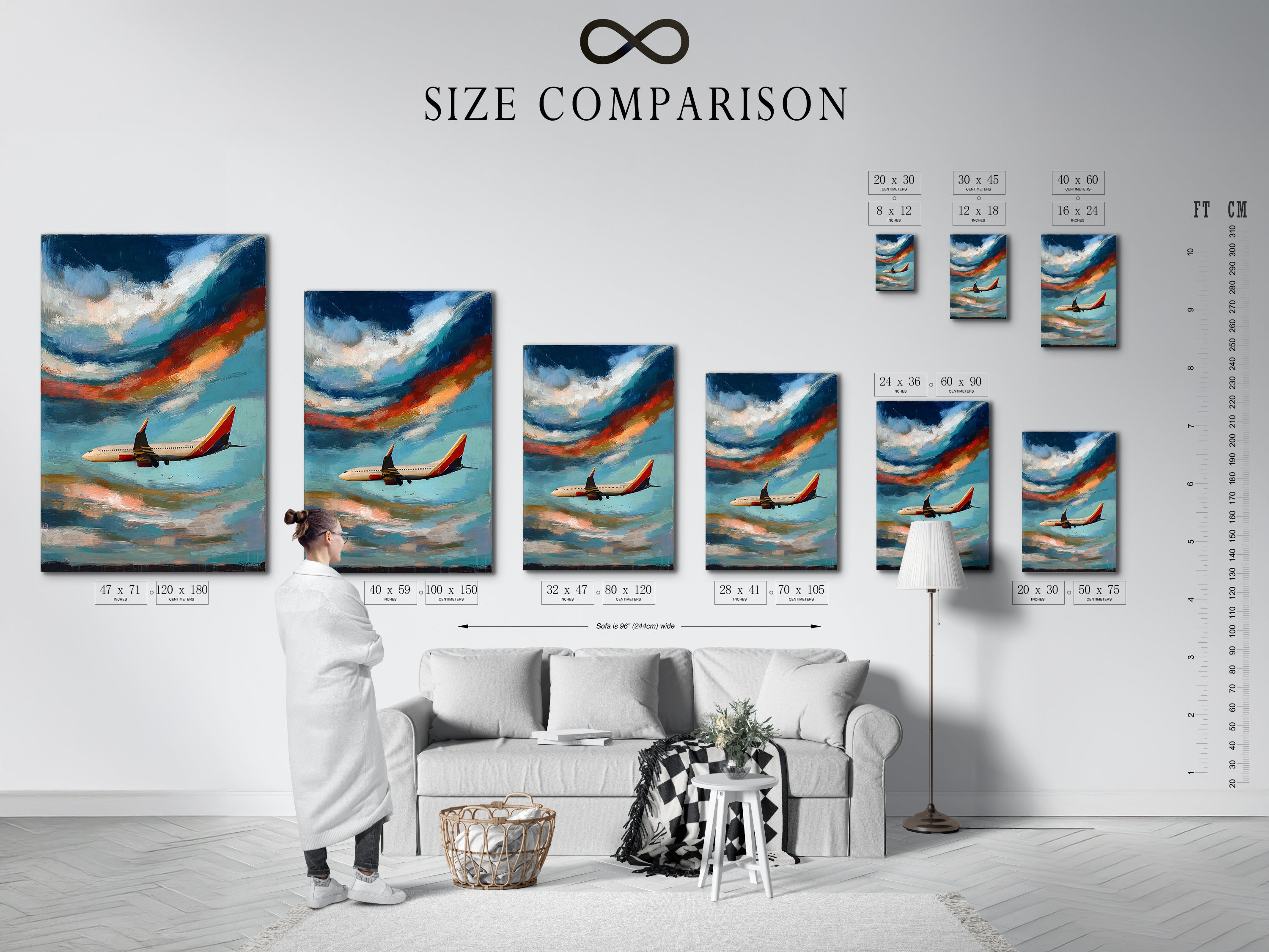 Size comparison chart displayed in an interior setting. This chart helps visualize the scale of available airplane artwork. See how different sizes of aviation prints fit in your space. Choose the perfect sky canvas art for your decor needs.