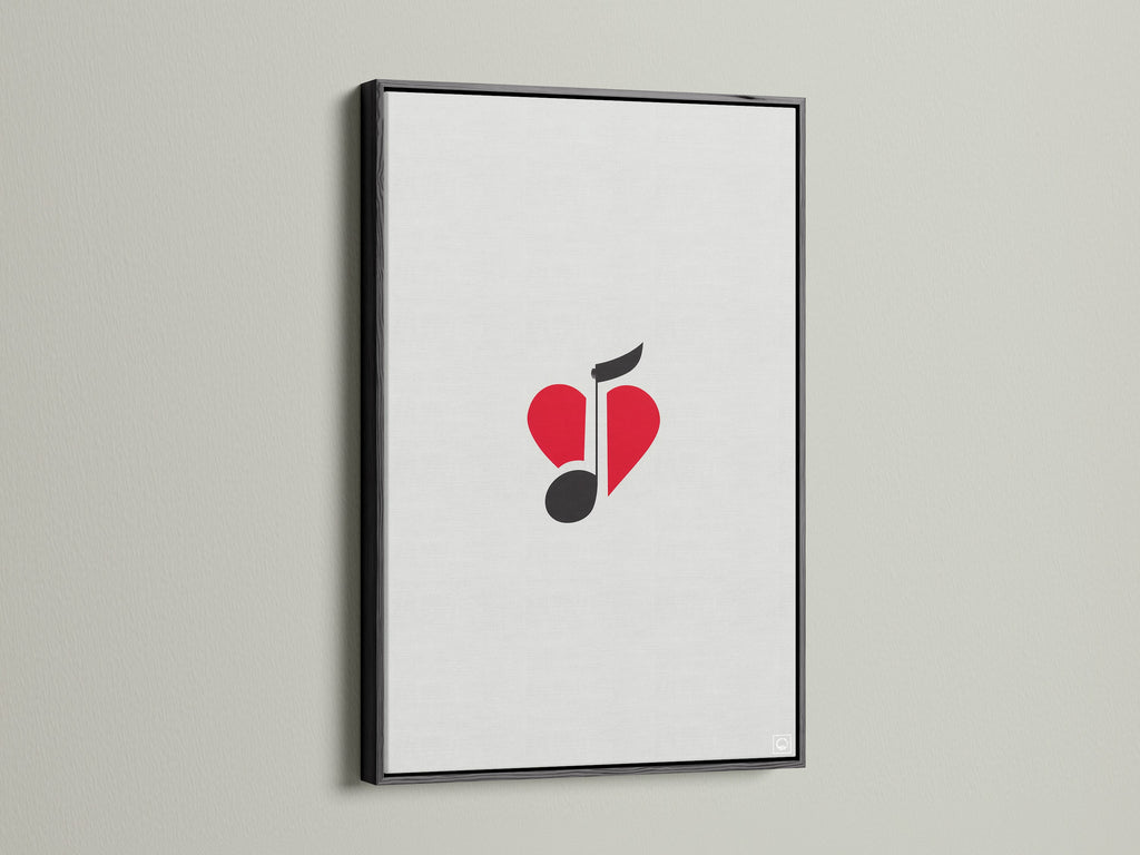 The minimalist music art is showcased in a sleek black frame. This music-themed art is ideal for studio wall decor. It's a perfect gift for musicians. The red heart art pops against the neutral backdrop.