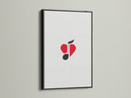 The minimalist music art is showcased in a sleek black frame. This music-themed art is ideal for studio wall decor. It's a perfect gift for musicians. The red heart art pops against the neutral backdrop.
