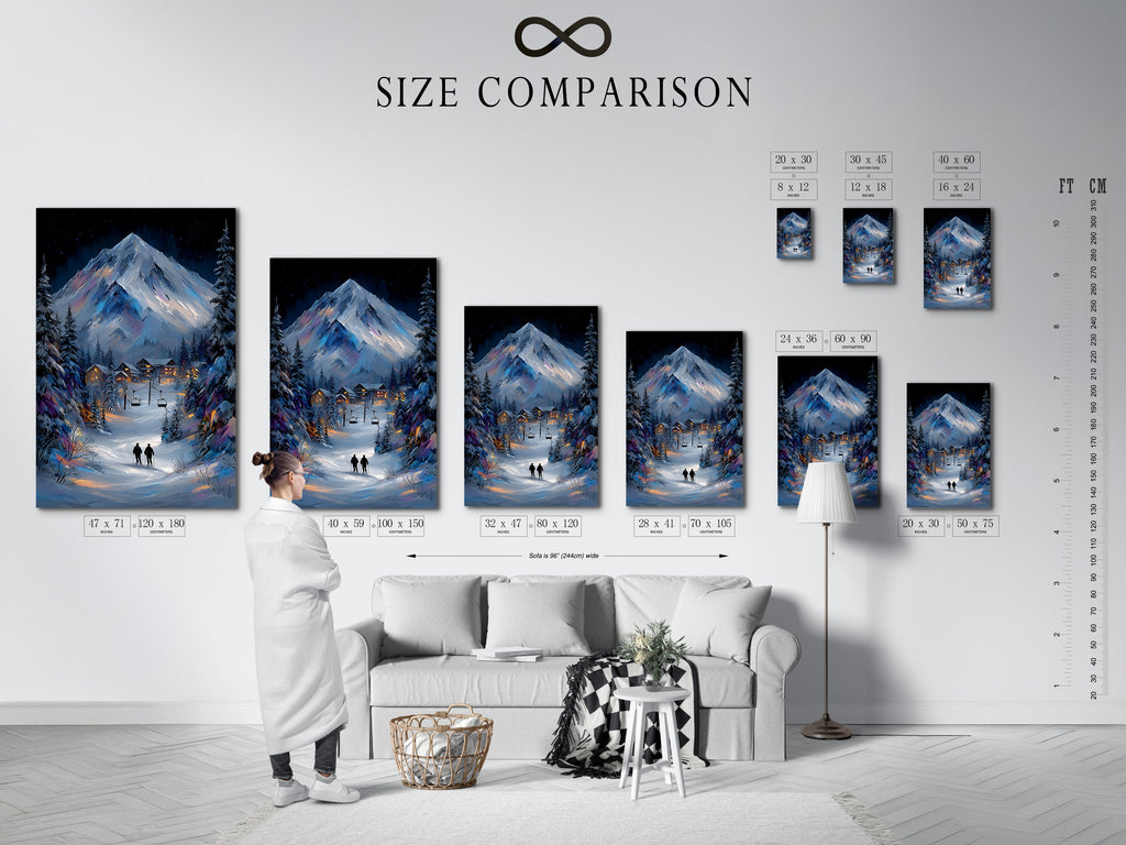 See our size comparison chart in an interior setting. Visualize the perfect fit for your space. Choose the ideal size for your winter mountain artwork. Enhance your ski lodge decor with the right sized canvas print or fine art poster.