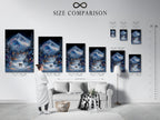 See our size comparison chart in an interior setting. Visualize the perfect fit for your space. Choose the ideal size for your winter mountain artwork. Enhance your ski lodge decor with the right sized canvas print or fine art poster.