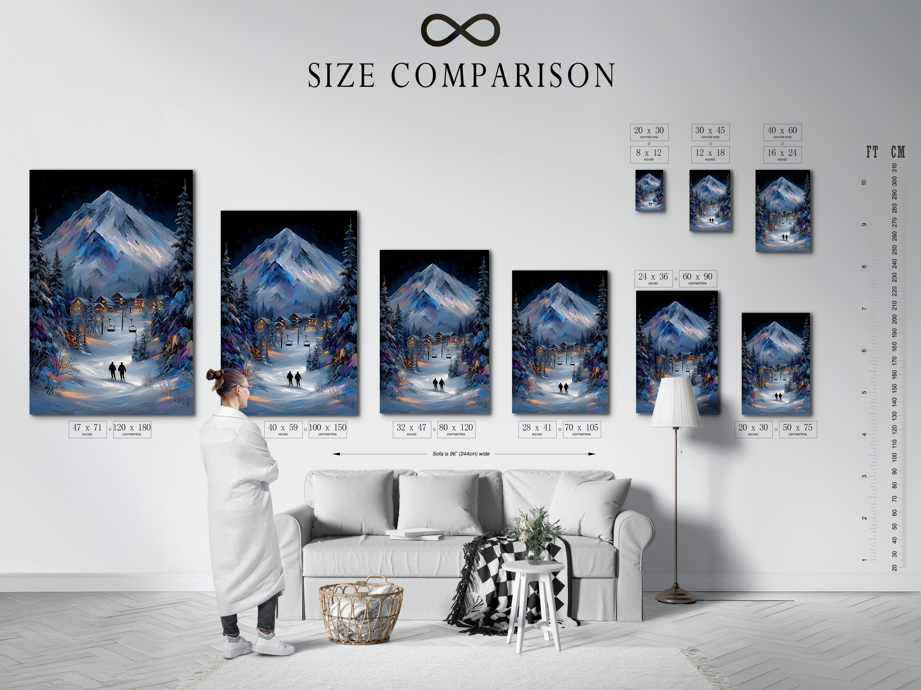 See our size comparison chart in an interior setting. Visualize the perfect fit for your space. Choose the ideal size for your winter mountain artwork. Enhance your ski lodge decor with the right sized canvas print or fine art poster.