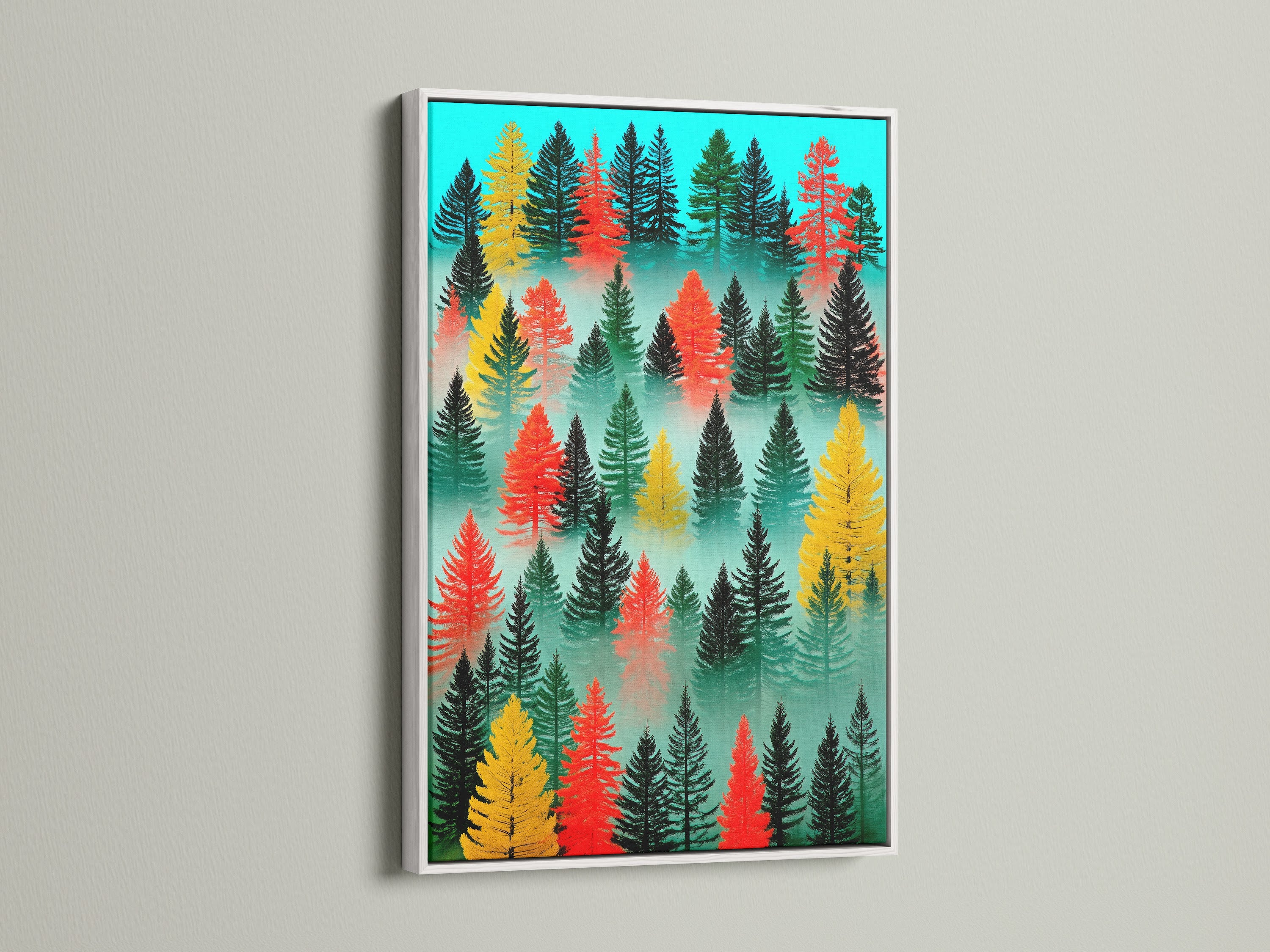A modern pine tree art is showcased in a clean white frame. The bright frame enhances the artwork's contemporary feel. This piece is ideal for minimalist interiors. The abstract forest art brings a fresh and airy vibe. Elevate your space with this colorful canvas print.