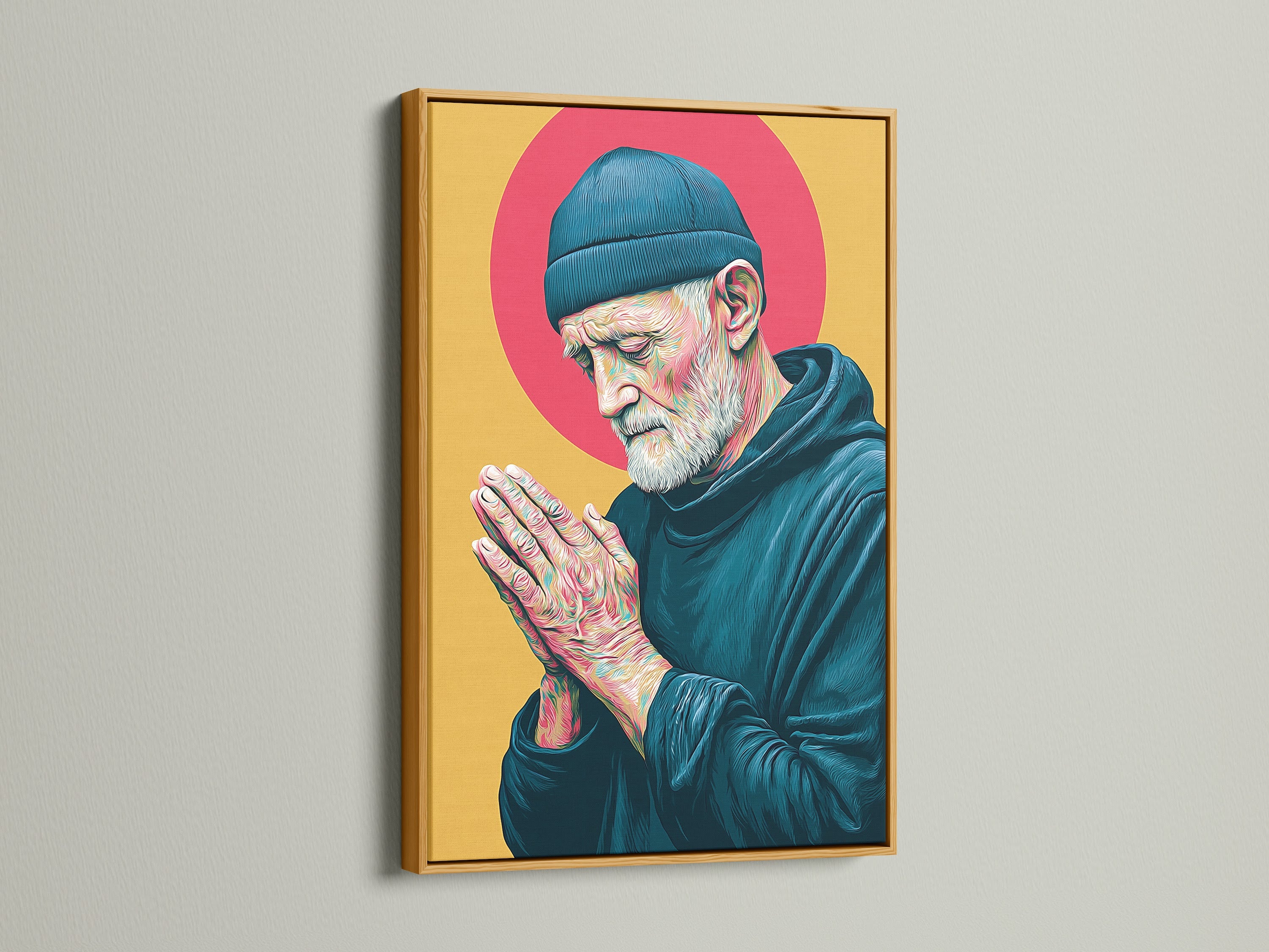 Praying Man gold art print in a gold frame. The luxurious touch elevates this inspirational art. The teal and gold artwork adds warmth to any room. A meaningful gift for spiritual leaders.