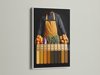 Modern food art in a white frame. This culinary canvas is kitchen wall art. The gourmet art is ideal for dining room decor. This artwork enhances any kitchen. Perfect for chefs restaurant owners and home cooks. Elevate your space with savory art.