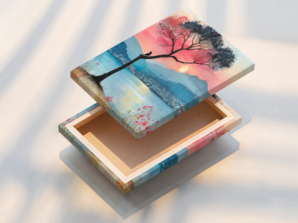 This is a stretched canvas print featuring a lake sunset. It's a mountain view artwork ready to hang. The pink and teal colors create a serene atmosphere. It's perfect as a piece of landscape art.