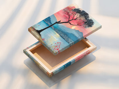 This is a stretched canvas print featuring a lake sunset. It's a mountain view artwork ready to hang. The pink and teal colors create a serene atmosphere. It's perfect as a piece of landscape art.