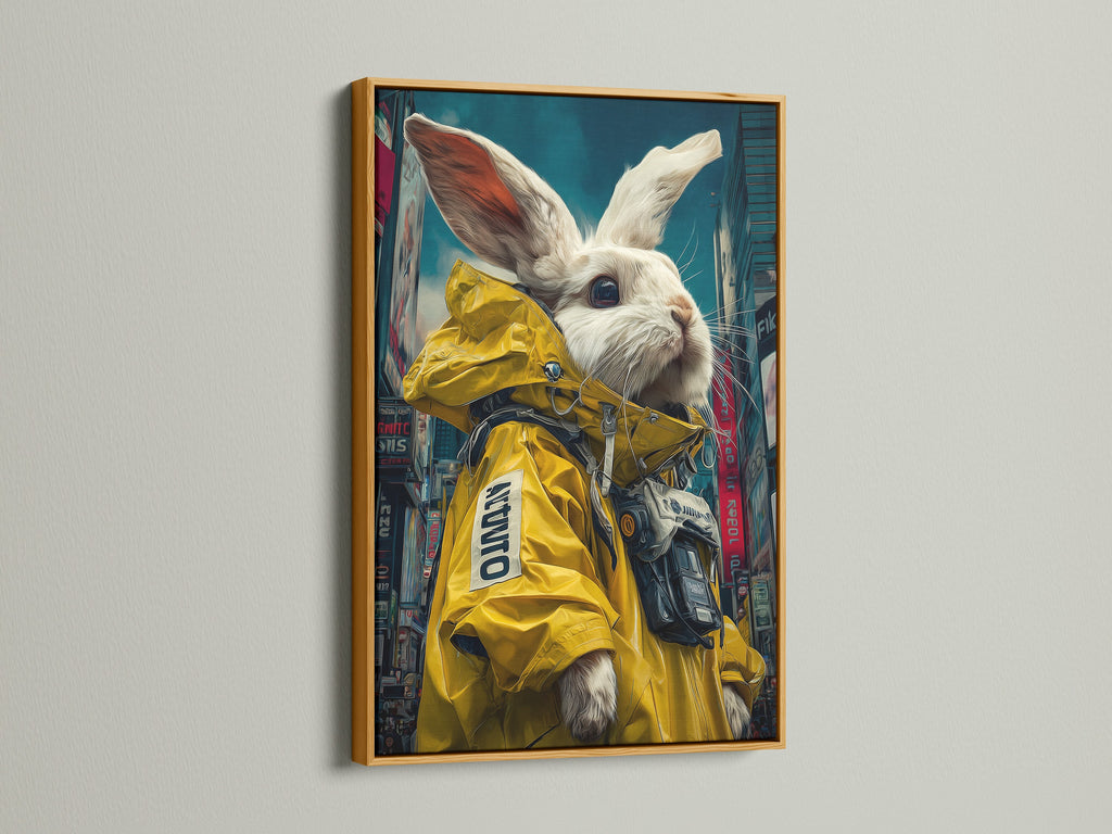 A cyberpunk rabbit art print is featured in a gold frame. The artwork portrays a rabbit in a yellow jacket. The gold frame enhances its modern pop style. It is ideal for gaming rooms or modern offices. This piece adds a unique touch to studios. It is available as a canvas or fine art print.