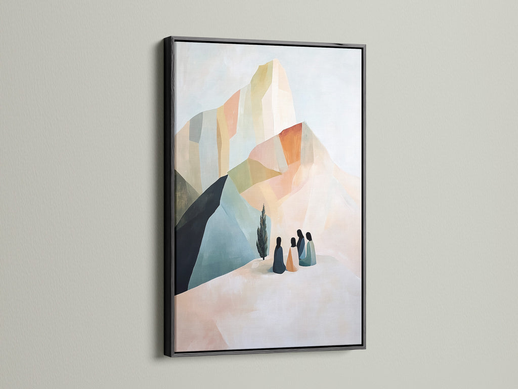 Beige and blue abstract mountain artwork in a black frame. Contemporary wall decor for minimalist and modern aesthetics. This adds a touch of sophistication to any space. A great addition.