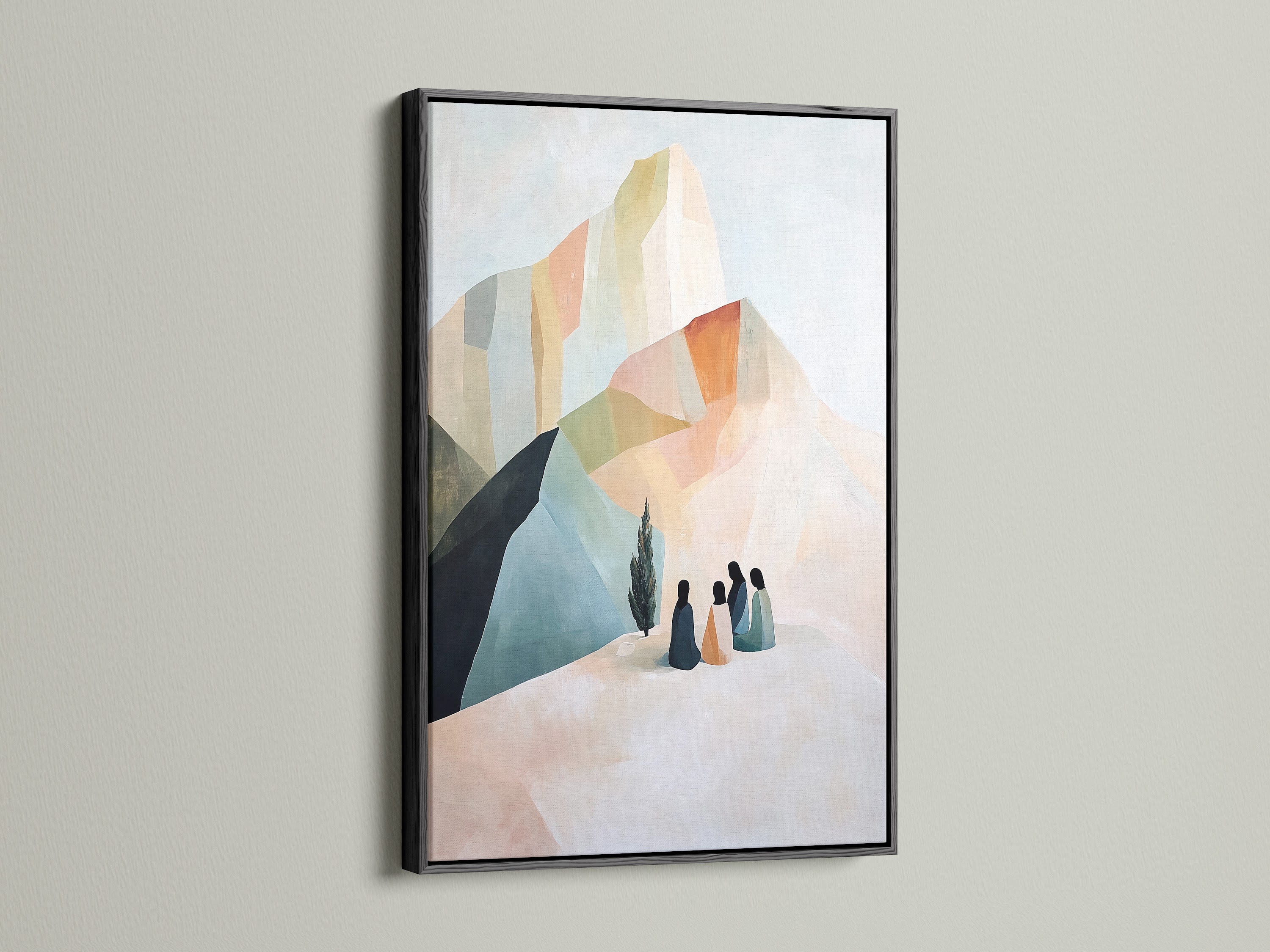 Beige and blue abstract mountain artwork in a black frame. Contemporary wall decor for minimalist and modern aesthetics. This adds a touch of sophistication to any space. A great addition.