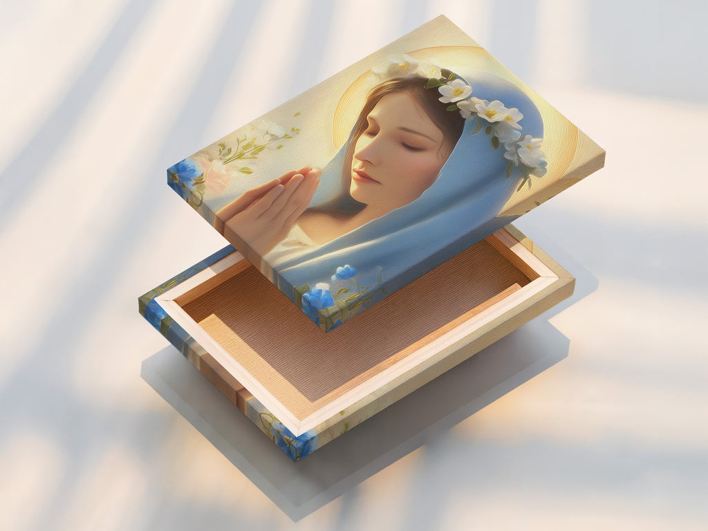 This is a stretched canvas print of the Virgin Mary art. The canvas print is ready to hang. It offers a gallery-wrapped look. The texture of the canvas enhances the artwork's beauty. Display your faith wall art with this classic option. Perfect for bedroom wall decor.