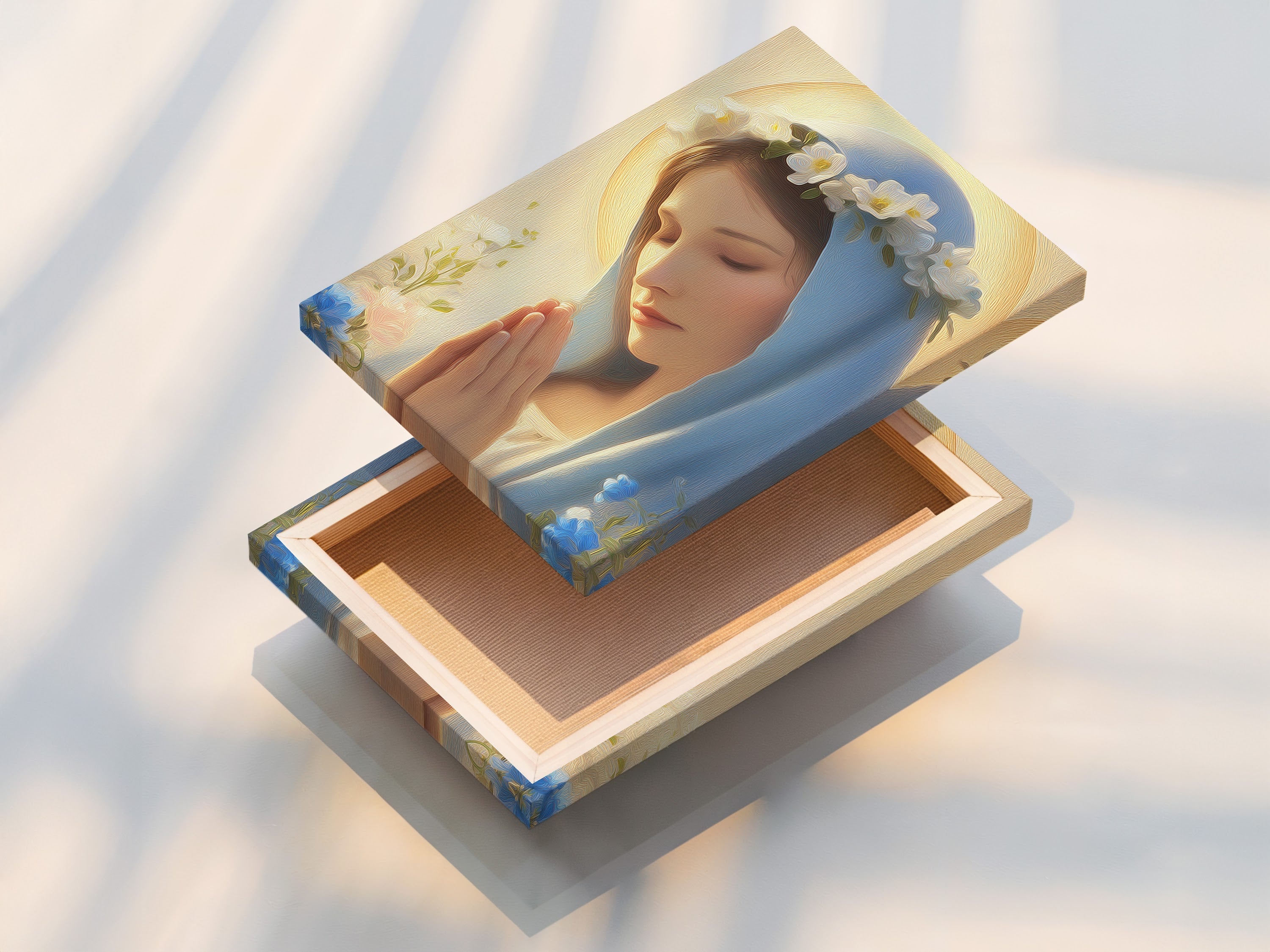 This is a stretched canvas print of the Virgin Mary art. The canvas print is ready to hang. It offers a gallery-wrapped look. The texture of the canvas enhances the artwork's beauty. Display your faith wall art with this classic option. Perfect for bedroom wall decor.