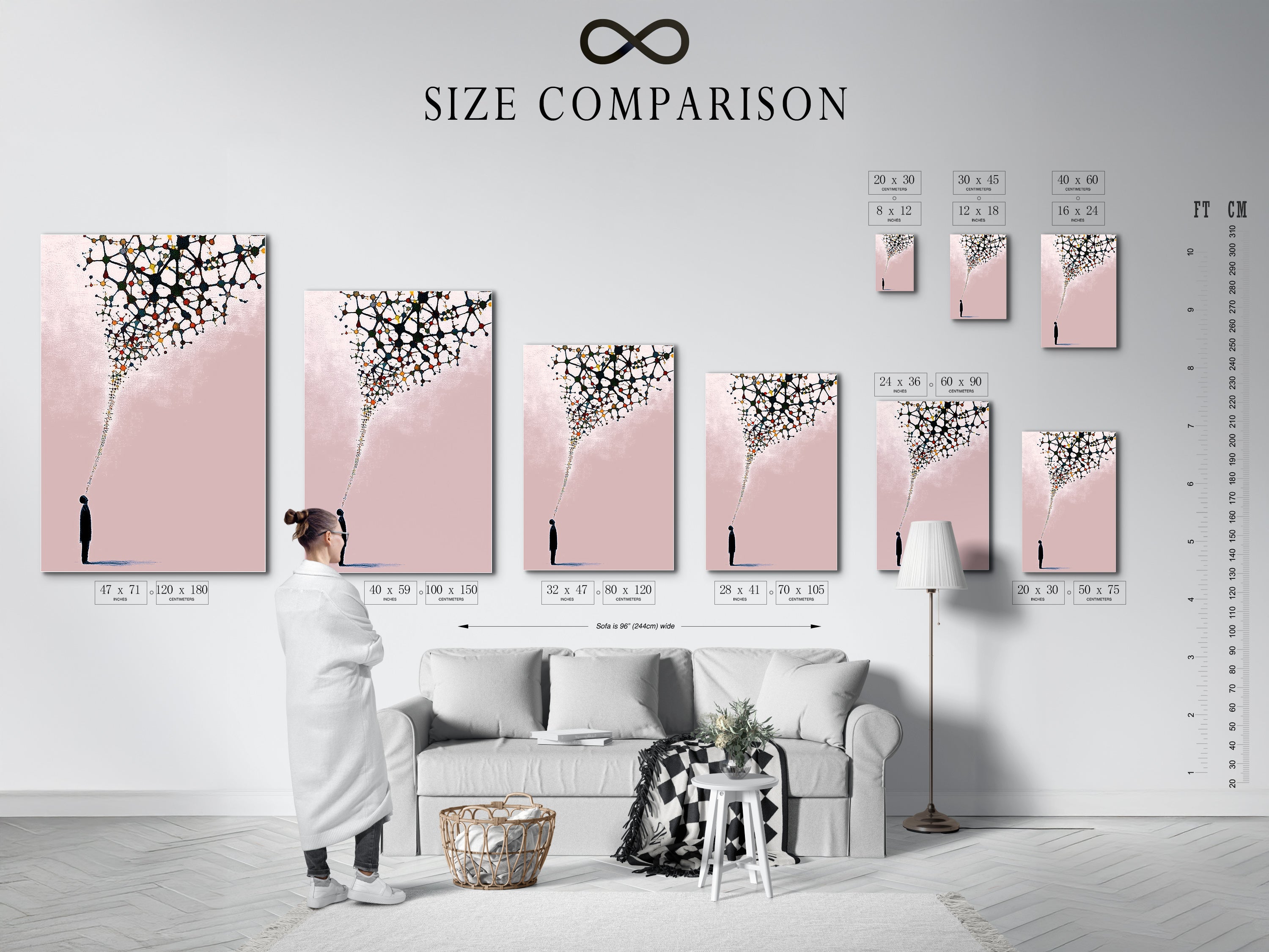 A size comparison chart is shown in an interior setting. This helps visualize the artwork in different spaces. The abstract silhouette art print is available in various sizes. Find the perfect fit for your wall decor needs.