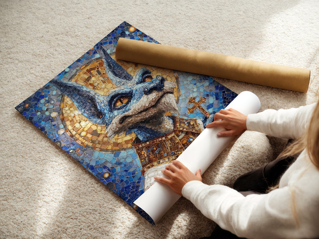 A woman is carefully rolling a fine art poster paper. The paper features the Anubis Mosaic Artwork Print. This is an Egyptian God Art piece. It features blue and gold religious imagery. The poster paper is a great option for various displays.