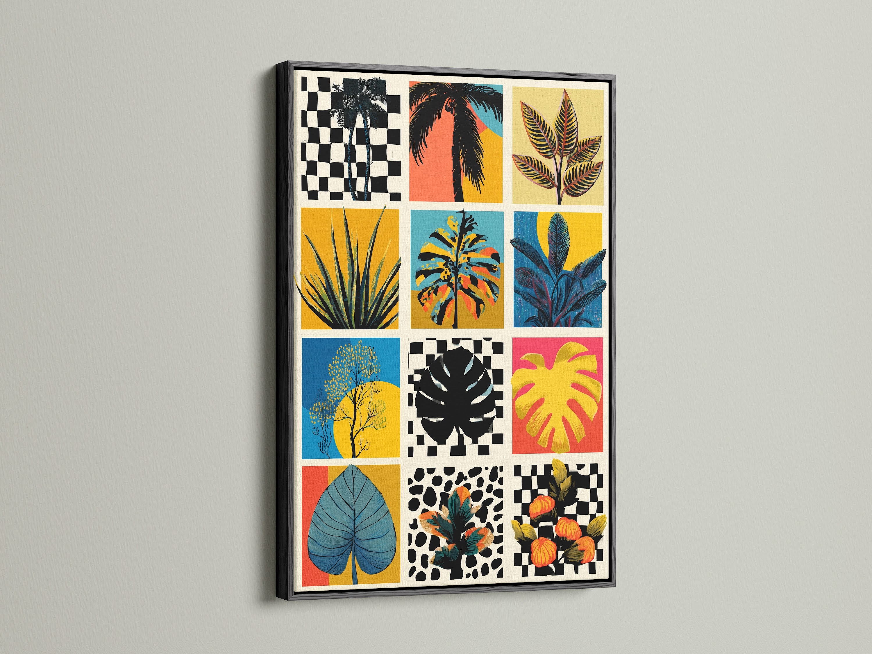Black frame. The artwork includes palm trees monstera leaves and other tropical plants. The piece adds a touch of paradise to any room. The black frame provides a sleek and modern touch. Perfect for a contemporary space.