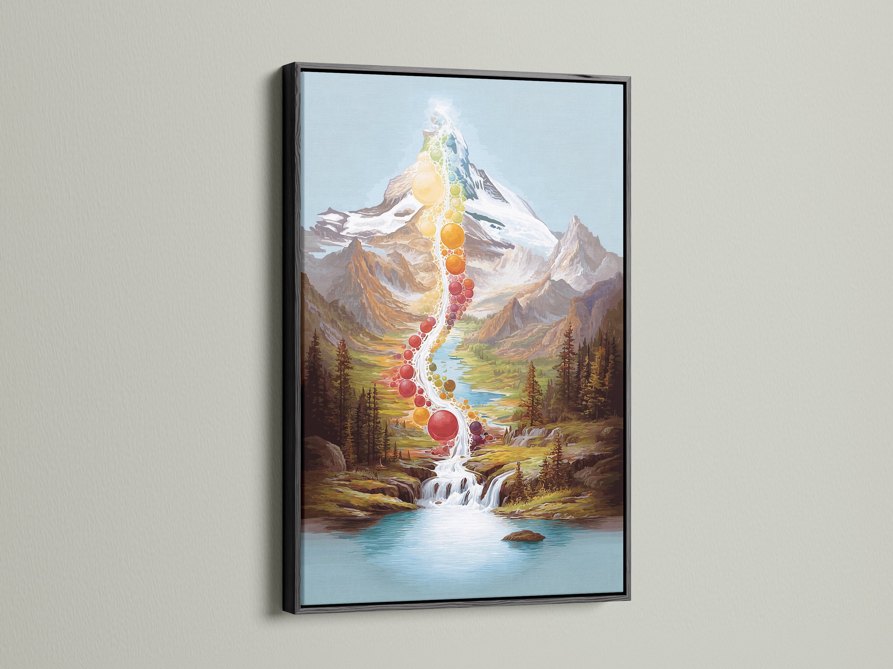 Mountain canvas art print in a sleek black frame. The chakra-inspired waterfall design creates a focal point for meditation rooms. Perfect spiritual wall art for yoga instructors and wellness practitioners. The black frame adds a touch of sophistication. Bring balance to your space.