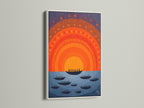 Sunset Boats artwork displayed in a white frame. The geometric sun art creates a stunning visual impact. This orange and blue art complements bohemian eclectic and Scandinavian interiors. Discover this vintage poster art today.