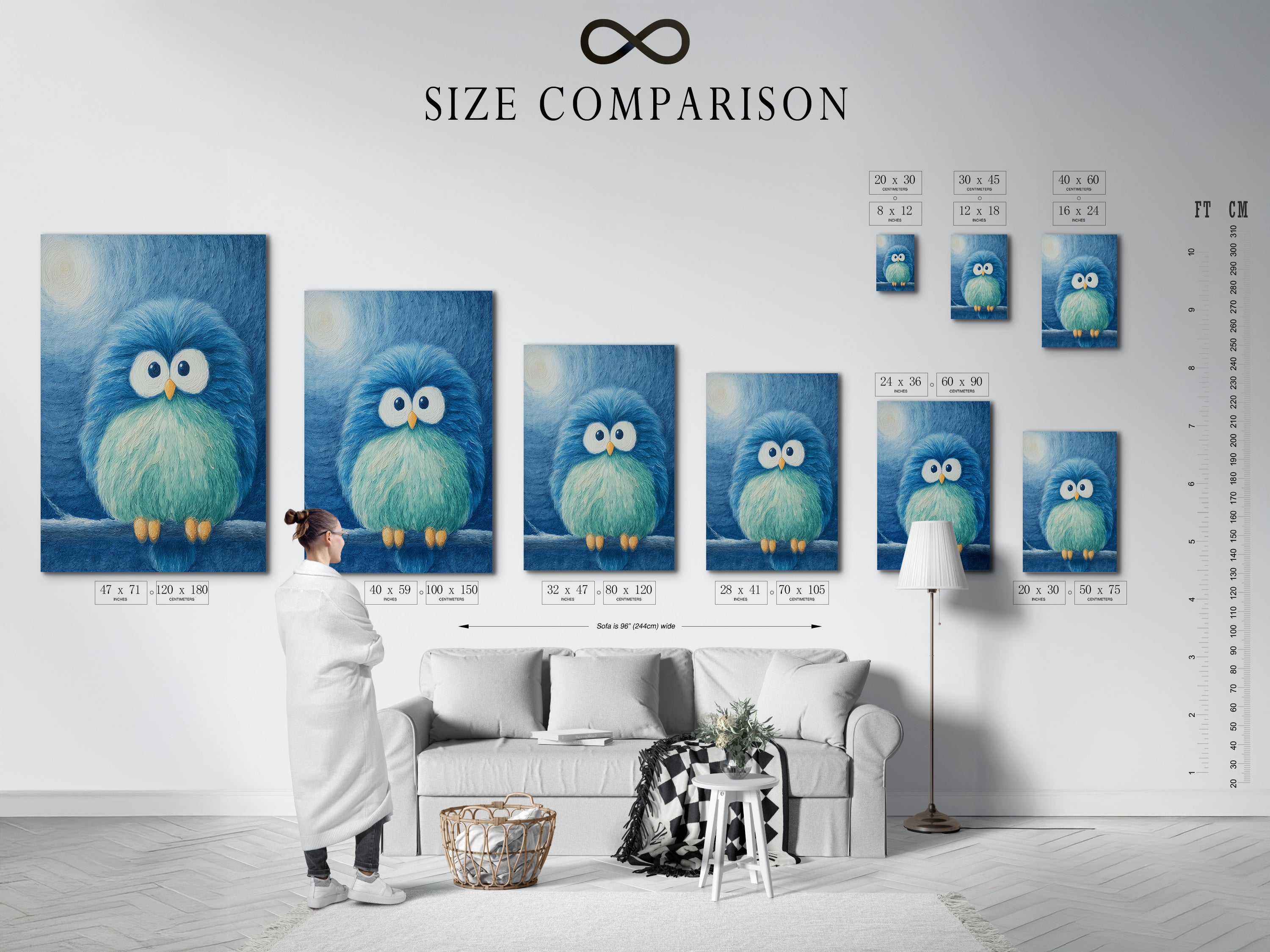A size comparison chart displayed in an interior setting. This chart helps visualize the different sizes of the blue bird artwork. It allows you to choose the perfect fit for your space. Whether it's a small nursery or a large playroom. This guide ensures you select the ideal piece for your wall decor needs.