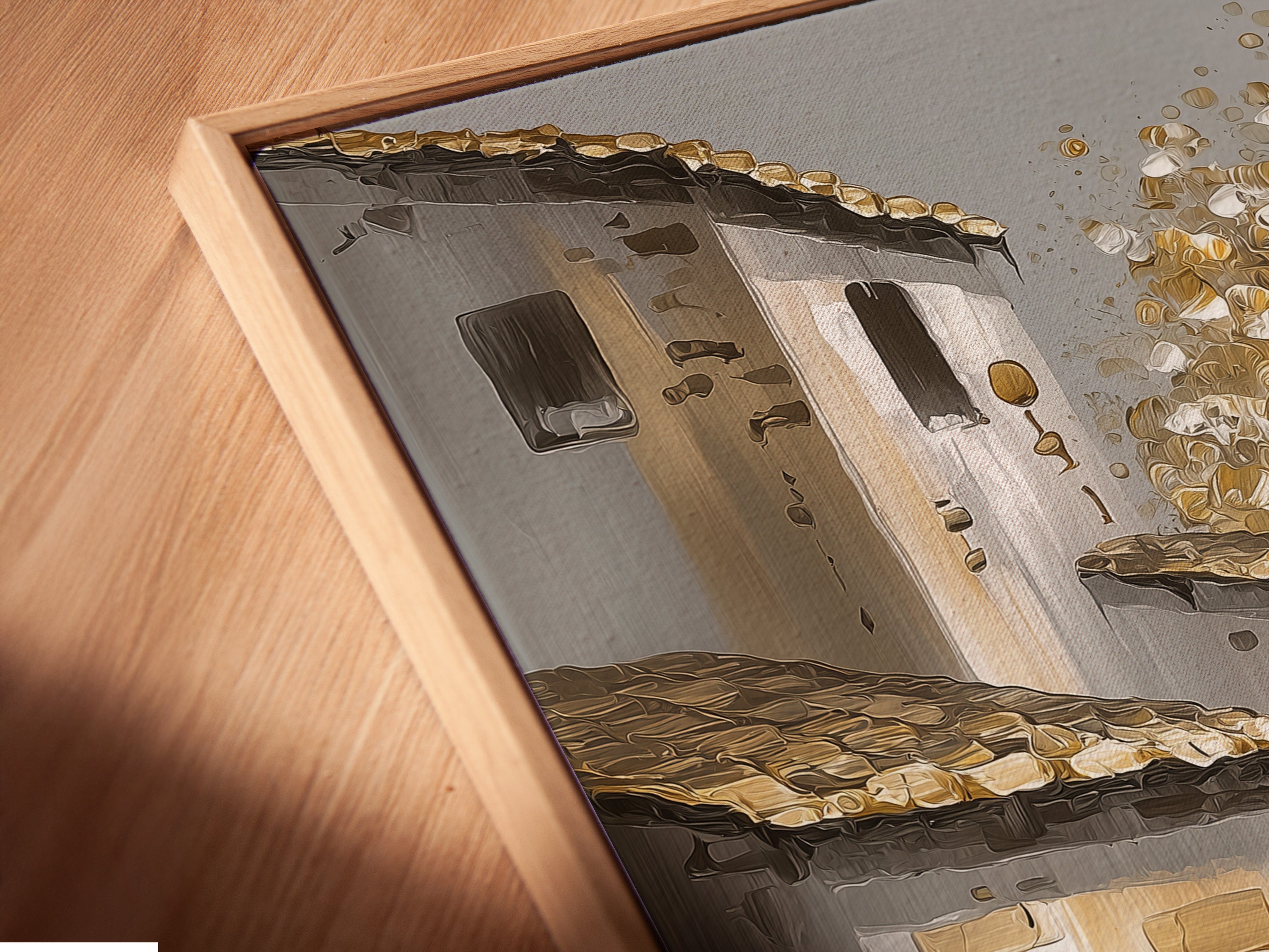 Angled close-up of canvas print in a floating frame. The floating frame gives a modern and minimalist look. The floating frame adds depth and dimension. It enhances the artwork's visual appeal. This style is sleek and contemporary.