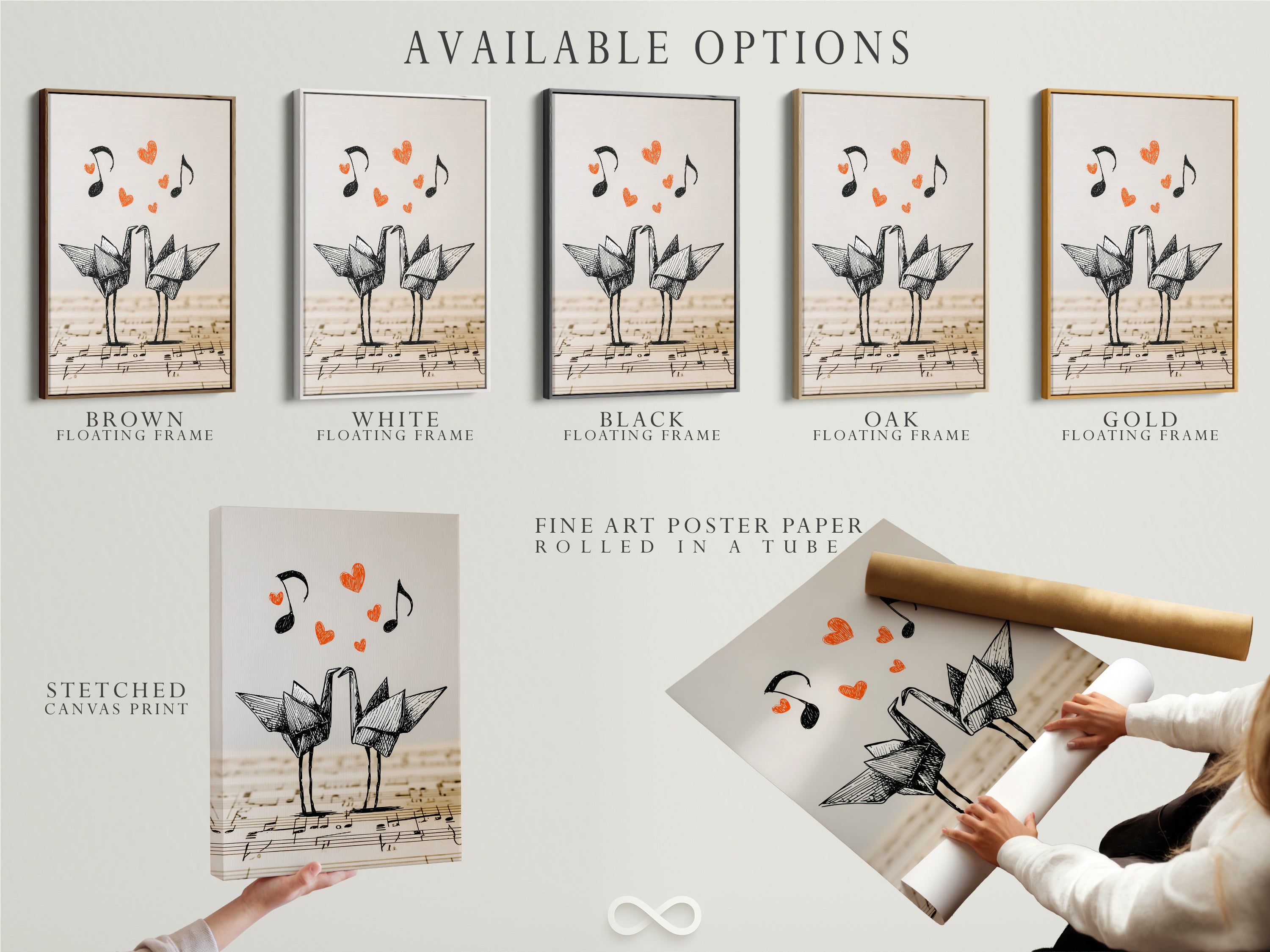 Available options for origami cranes artwork are displayed. Choose from a stretched canvas print. A fine art poster paper is also available. Consider a floating frame for a modern look. Perfect for music lovers.